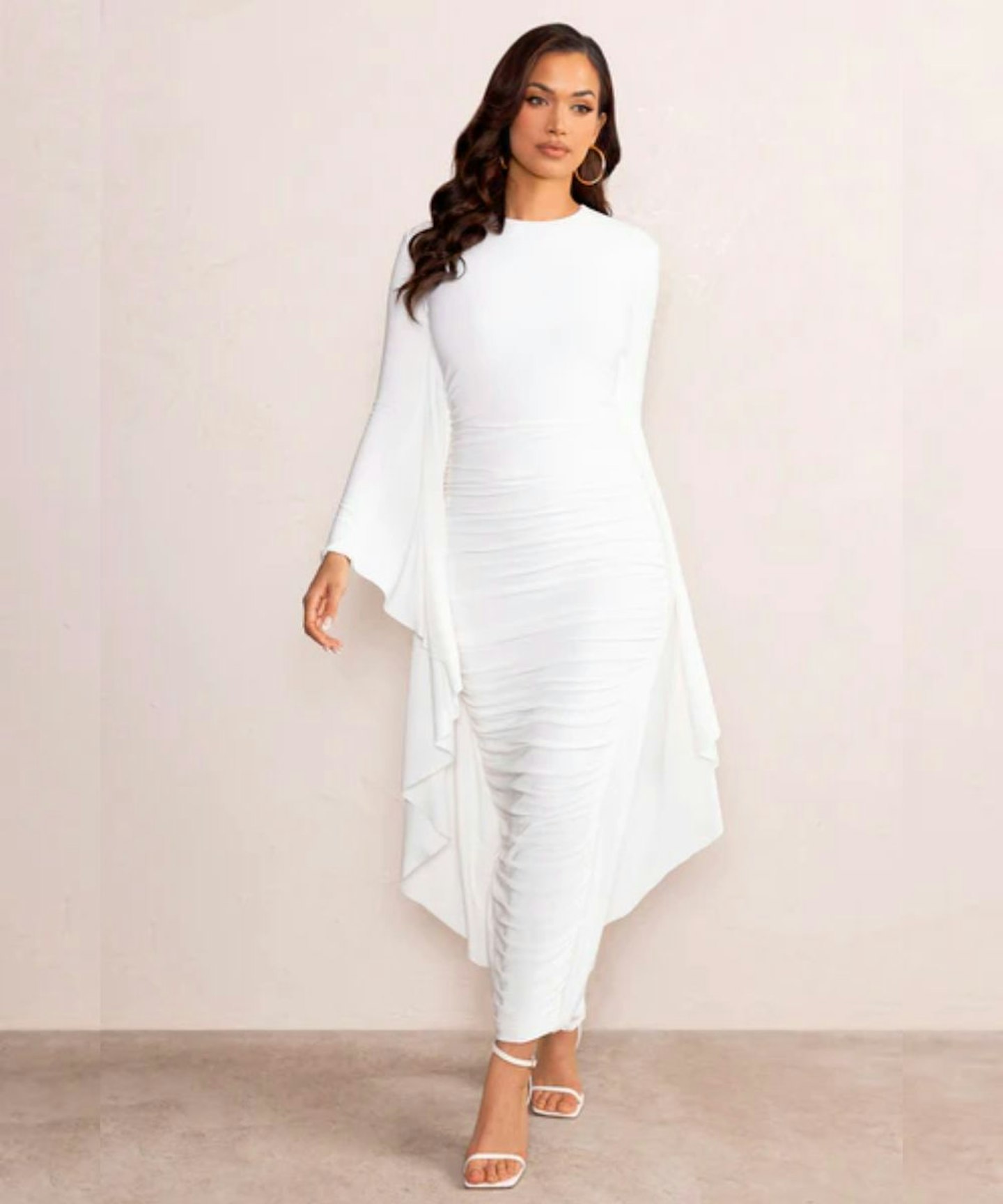 Club L London Keva White Long Sleeve Ruched Maxi Dress With Cape Detailing