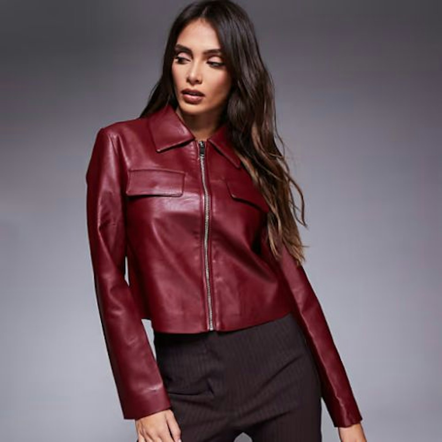 River Island PU cropped bomber jacket in burgundy