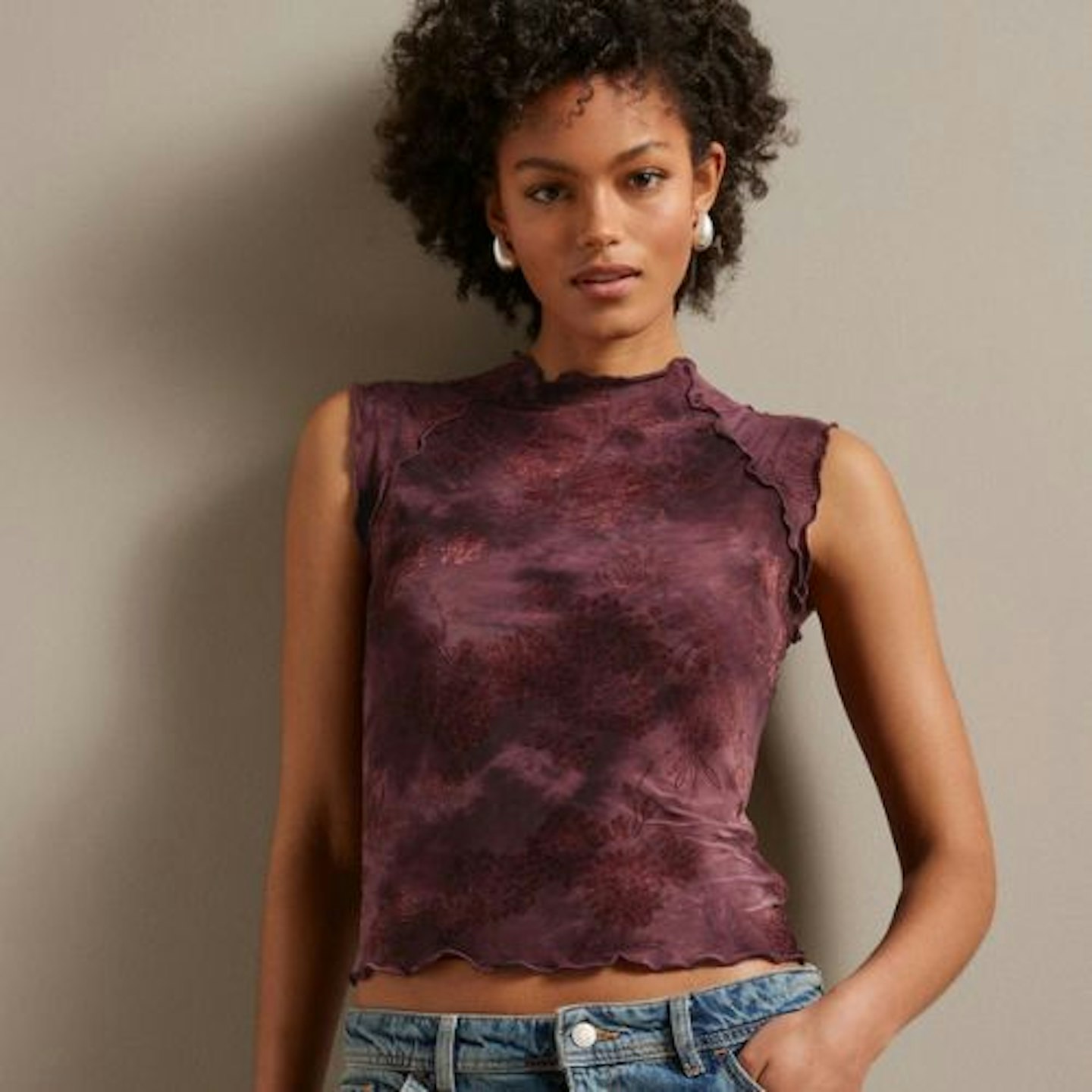 Rose Pink Lettuce Hem Short Sleeve Marbled Floral Print Top