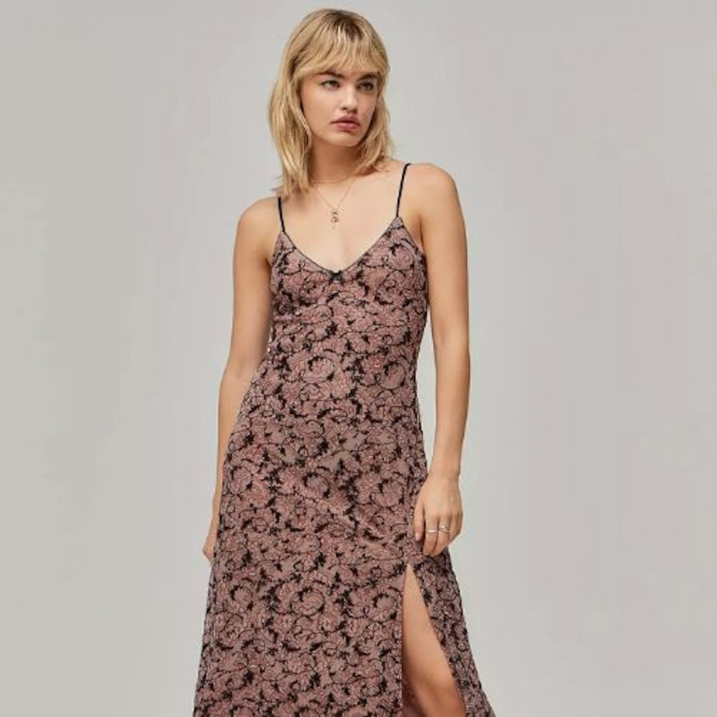 UO Pink Mesh Flocked Maxi Dress