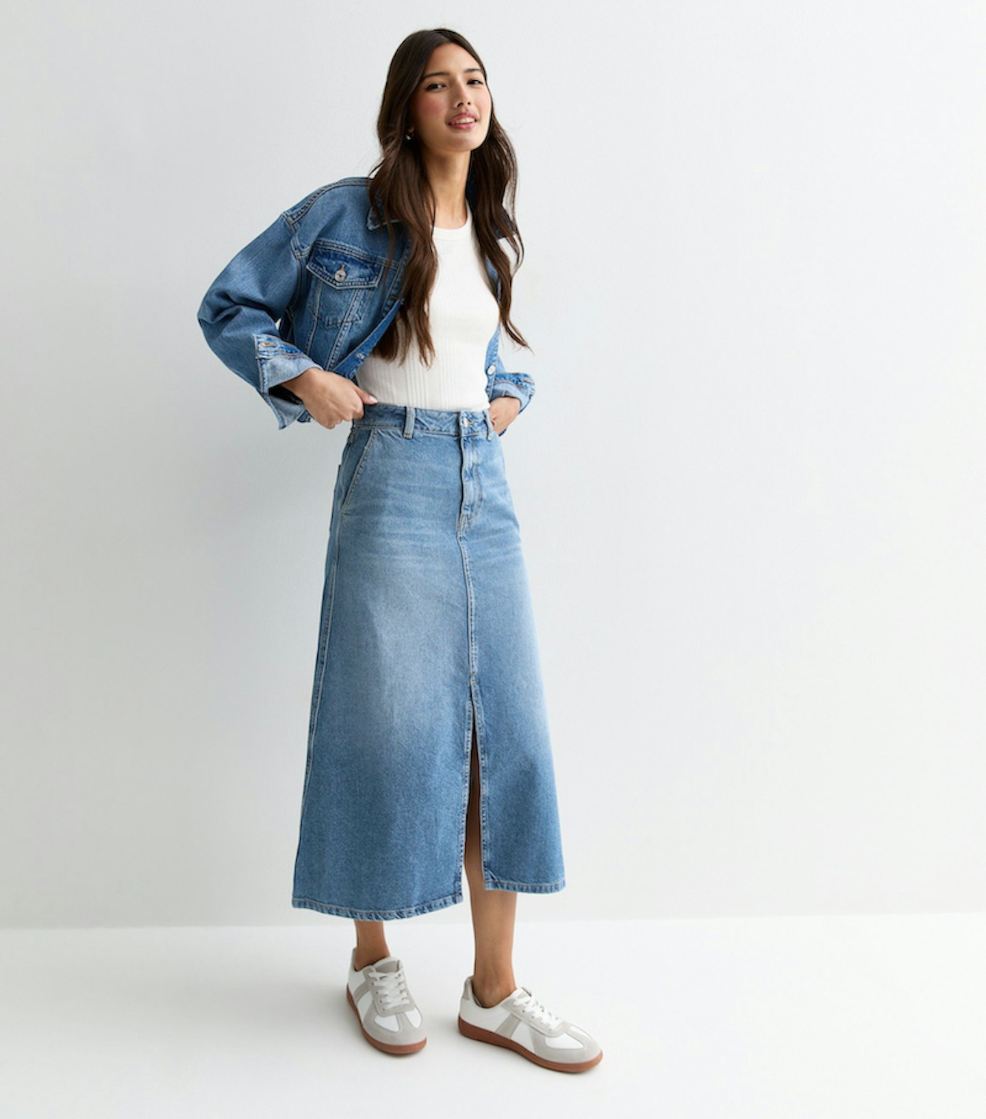 New Look Blue Denim Flared Midi Skirt