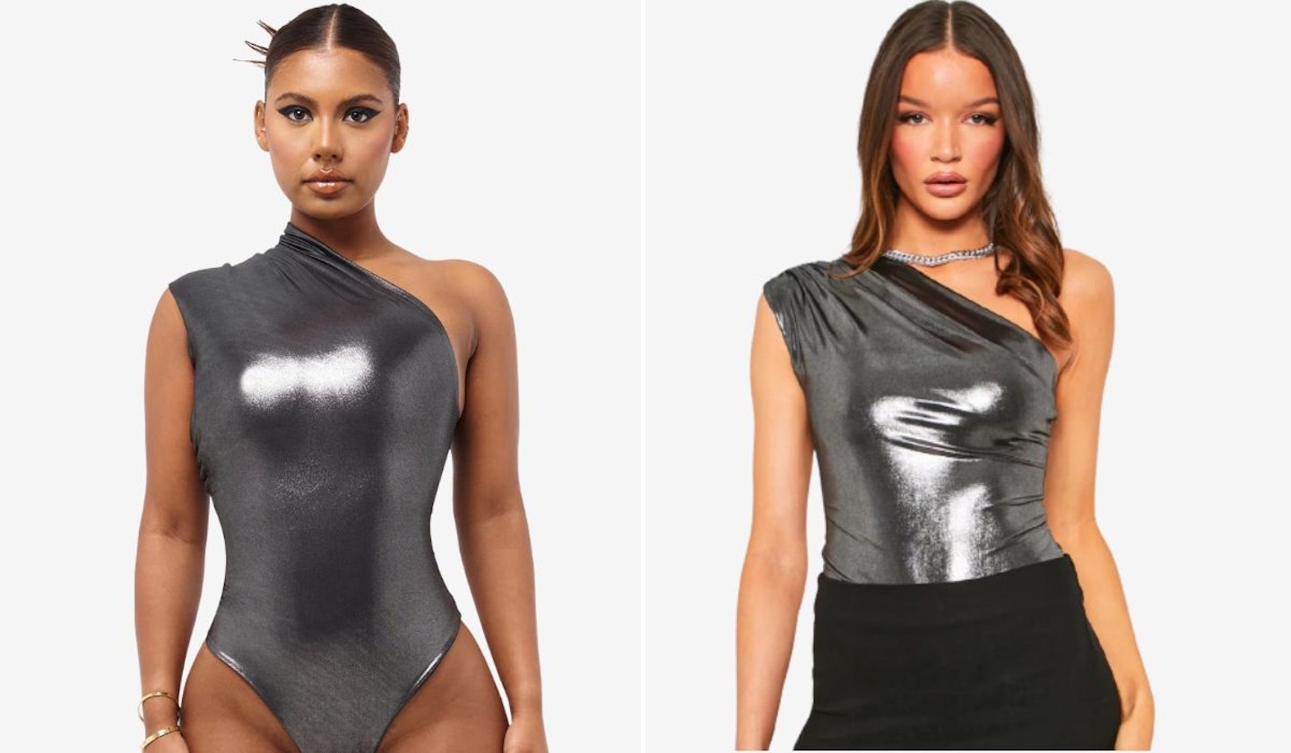 Coucoo Jani Bodysuit & Missy Empire Hiba Grey Metallic One Shoulder Bodysuit