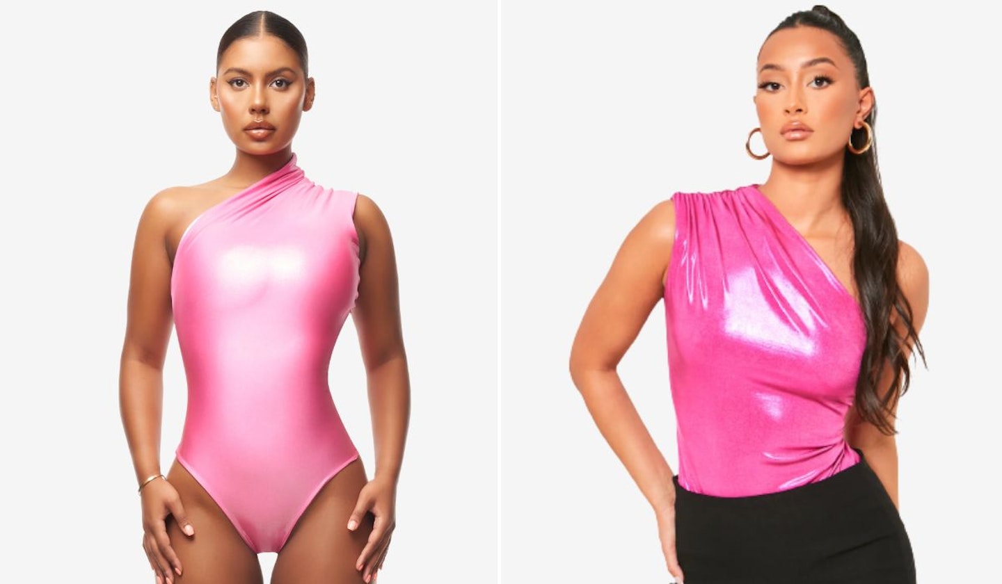 Coucoo Jani Bodysuit & Missy Empire Hiba Pink Metallic One Shoulder Bodysuit