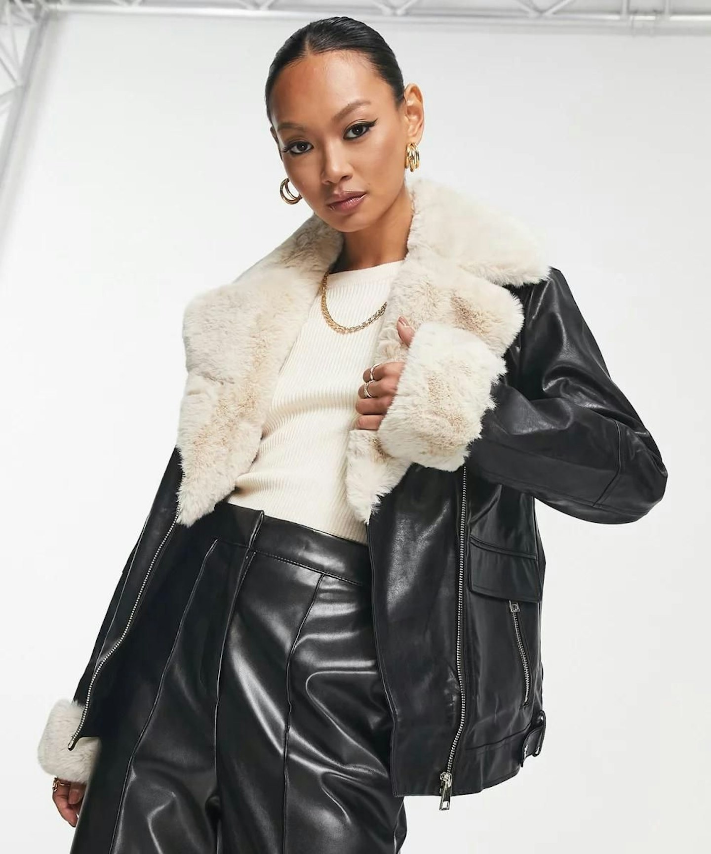 River Island Contrast Faux Fur Trim Biker Jacket