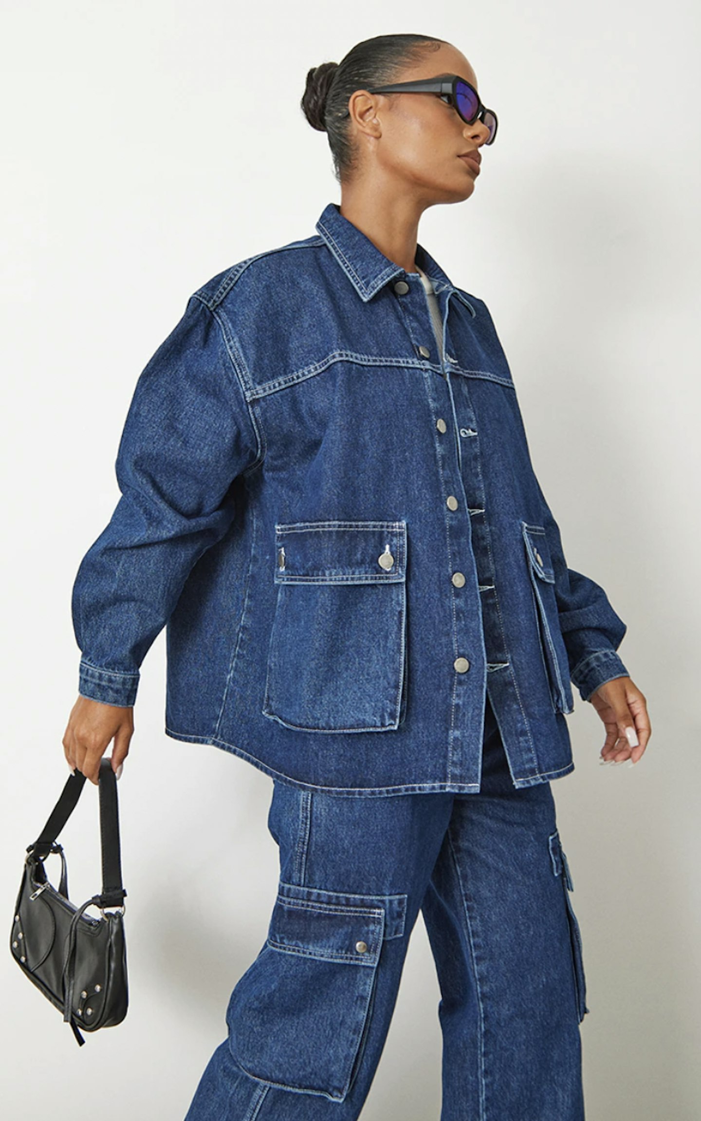 Dark Blue Wash Oversized Button Up Pocket Detail Denim Shacket