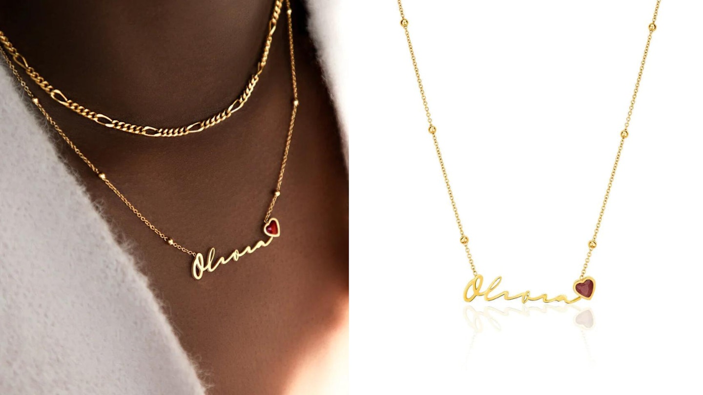 Birthstone Signature Name Necklace (Gold)