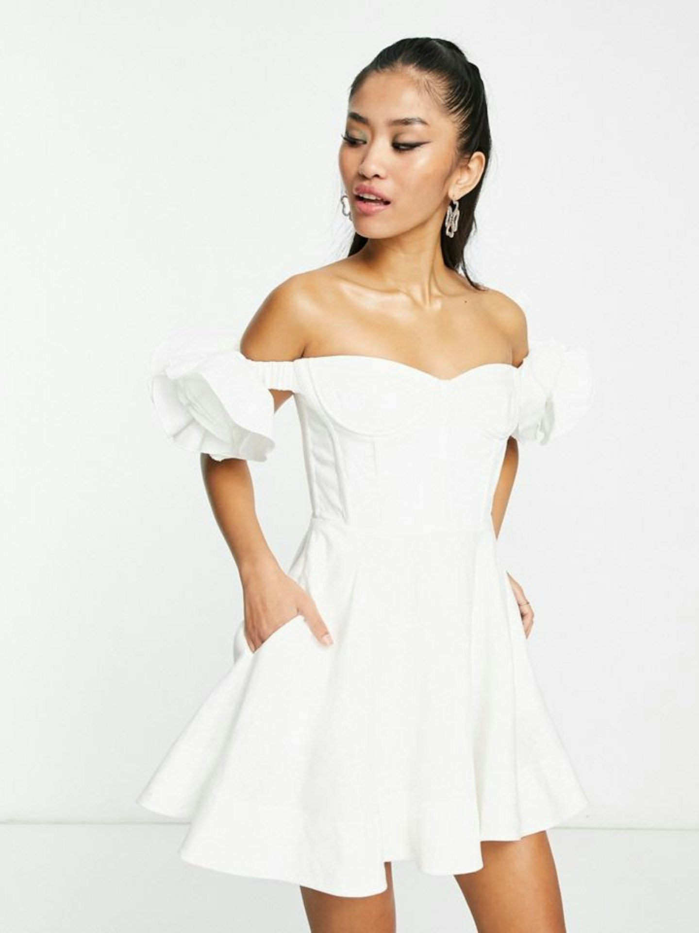 ASOS Bardot Ruffle Sleeve Corset Mini Dress In White