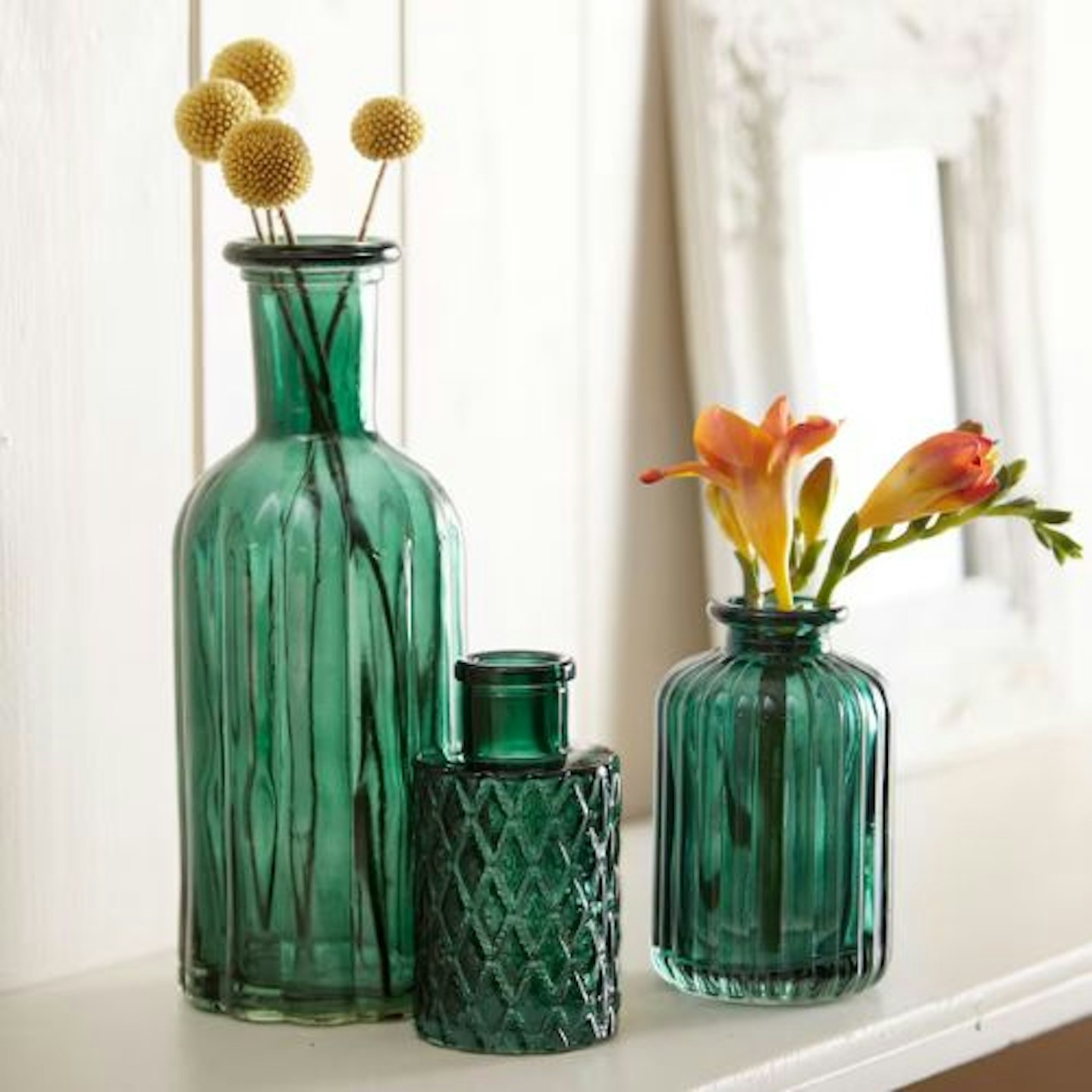 Set of 3 Assorted Glass Vases in Emerald Green