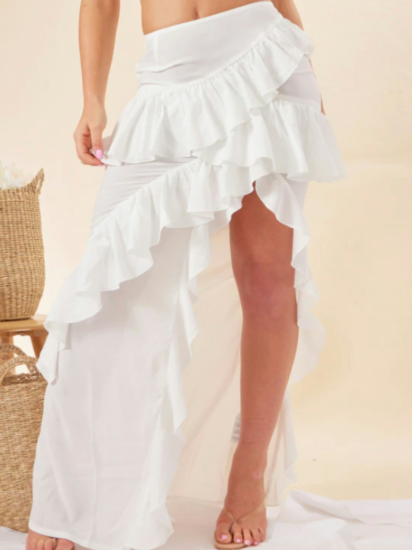 White Frill Detail Split Thigh Maxi Skirt