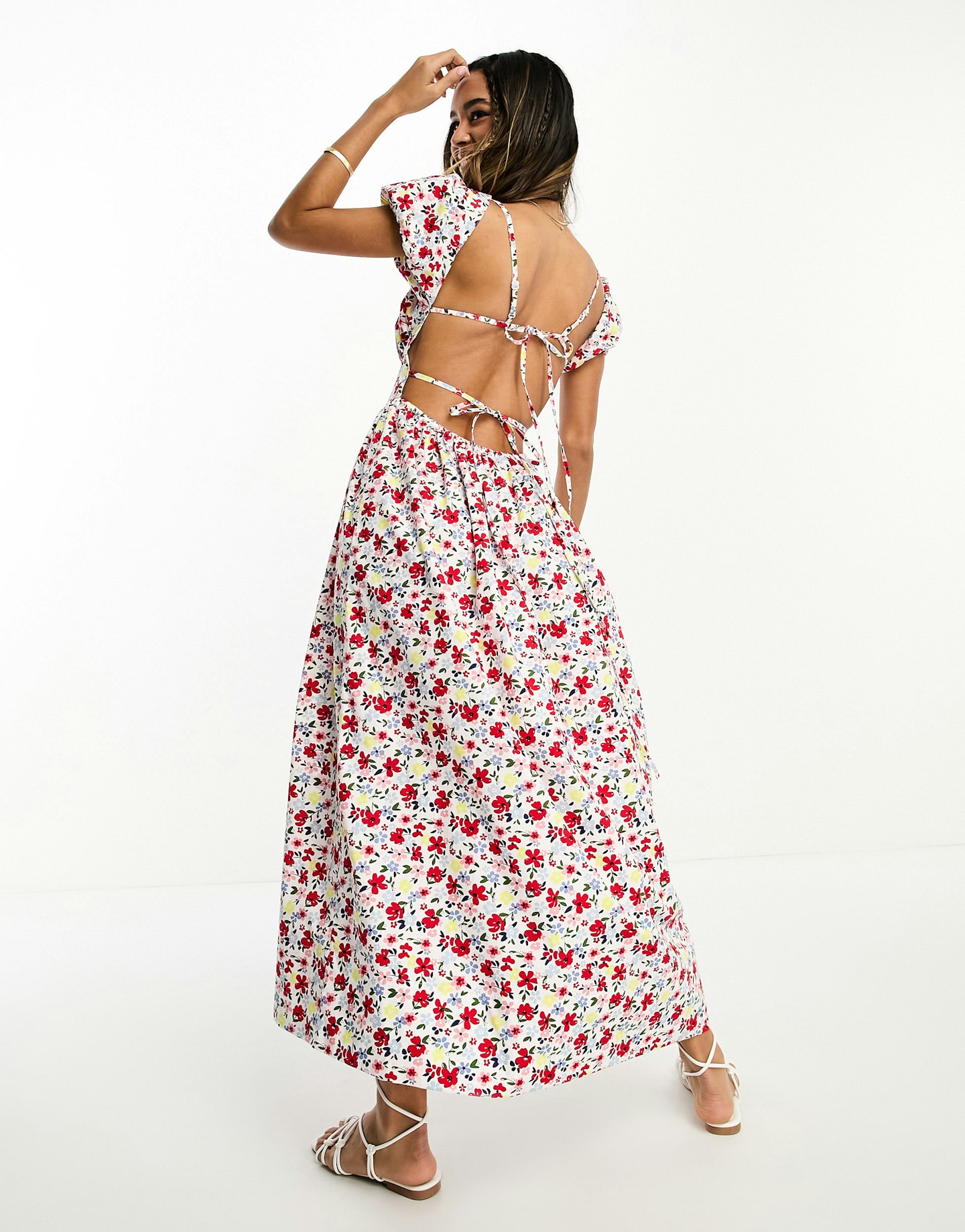 ASOS DESIGN milkmaid ruched bust midi dress with open tie back in bright floral print £36.00