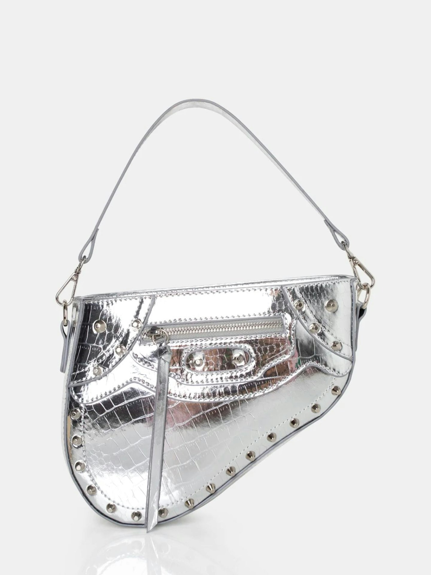 Public Desire The Fox Metallic Silver Croc Studded Saddle Shoulder Bag