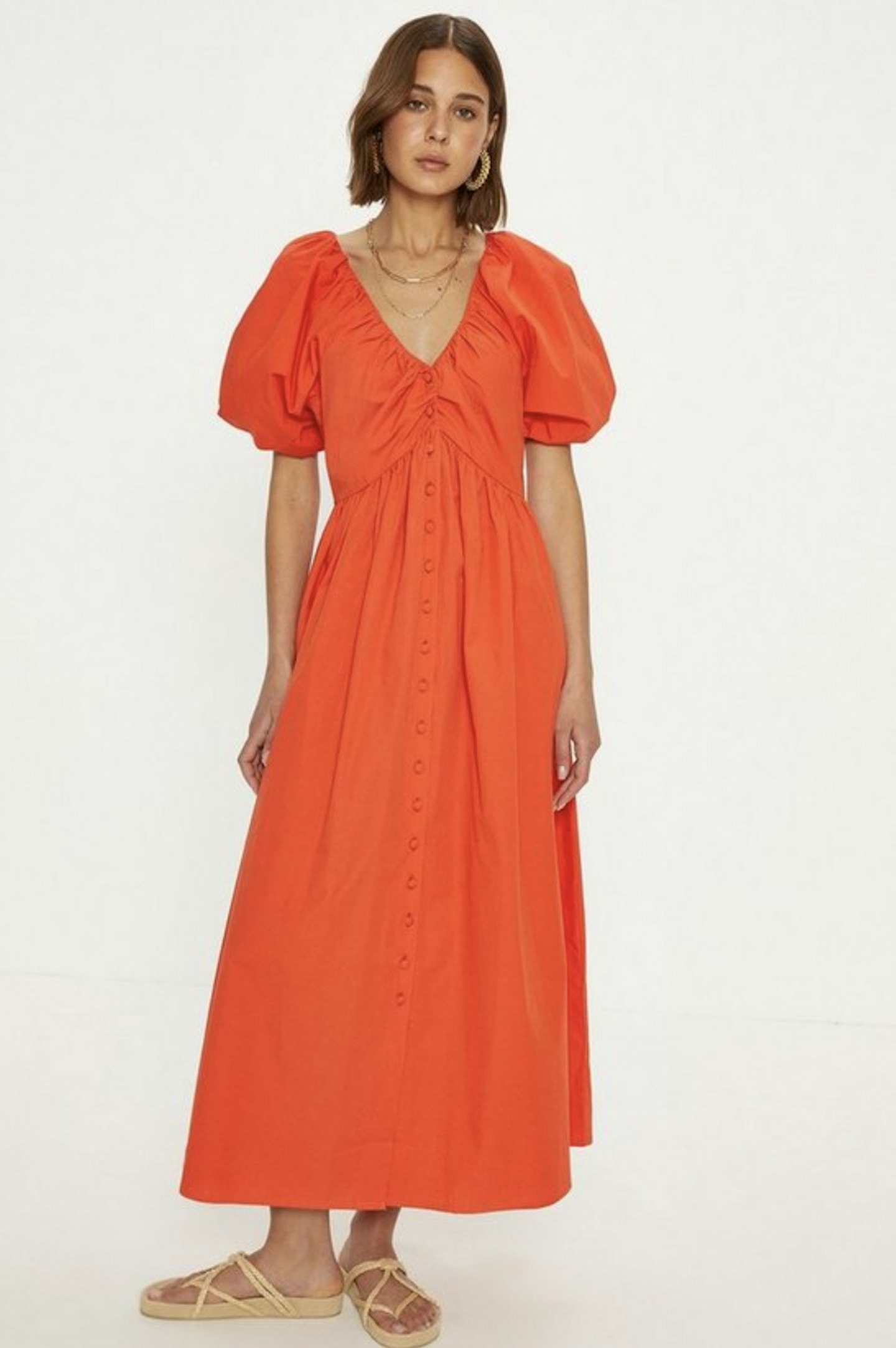 RED RUCHED NECK PUFF SLEEVE MIDI DRESS Red Ruched Neck Puff Sleeve Midi Dress alternative image Red Ruched Neck Puff Sleeve Midi Dress alternative image Red Ruched Neck Puff Sleeve Midi Dress alternative image Ruched Neck Puff Sleeve Midi Dress