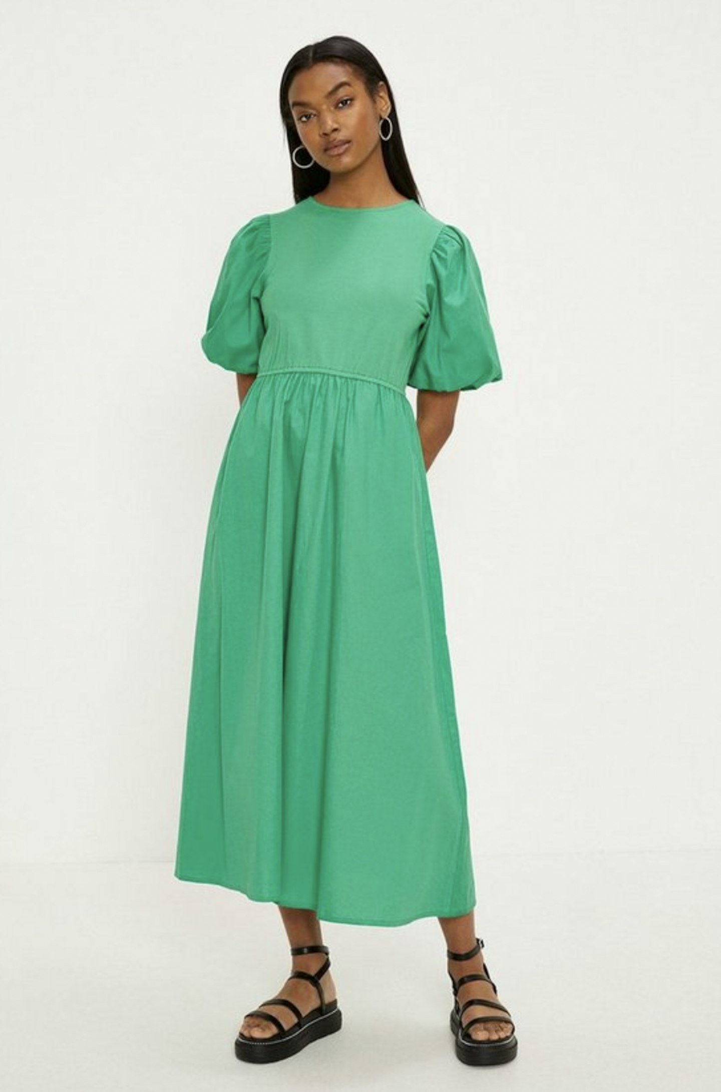 Woven Mix Puff Sleeve Cotton Midi Dress