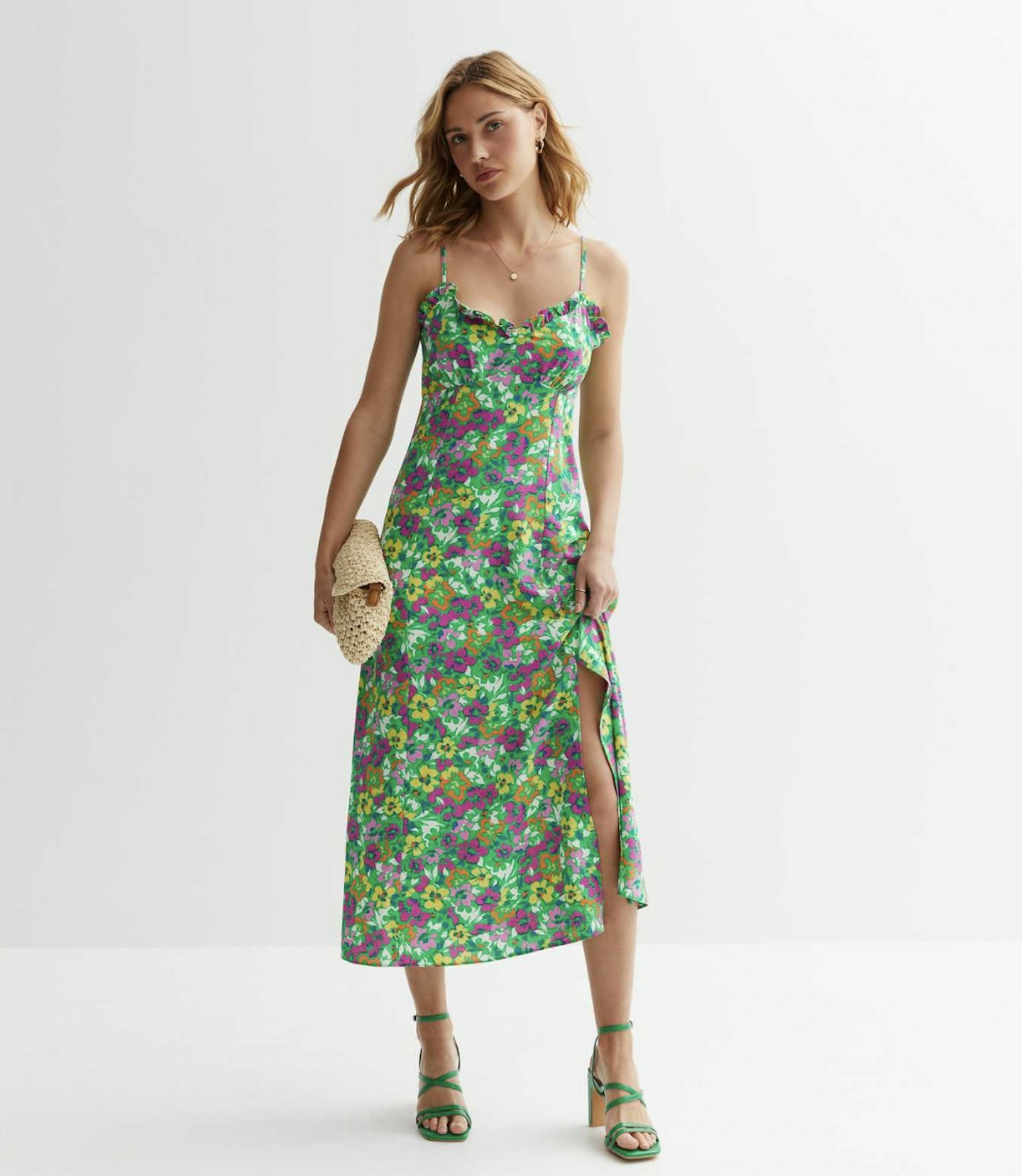 Green Floral Frill Strappy Midi Dress