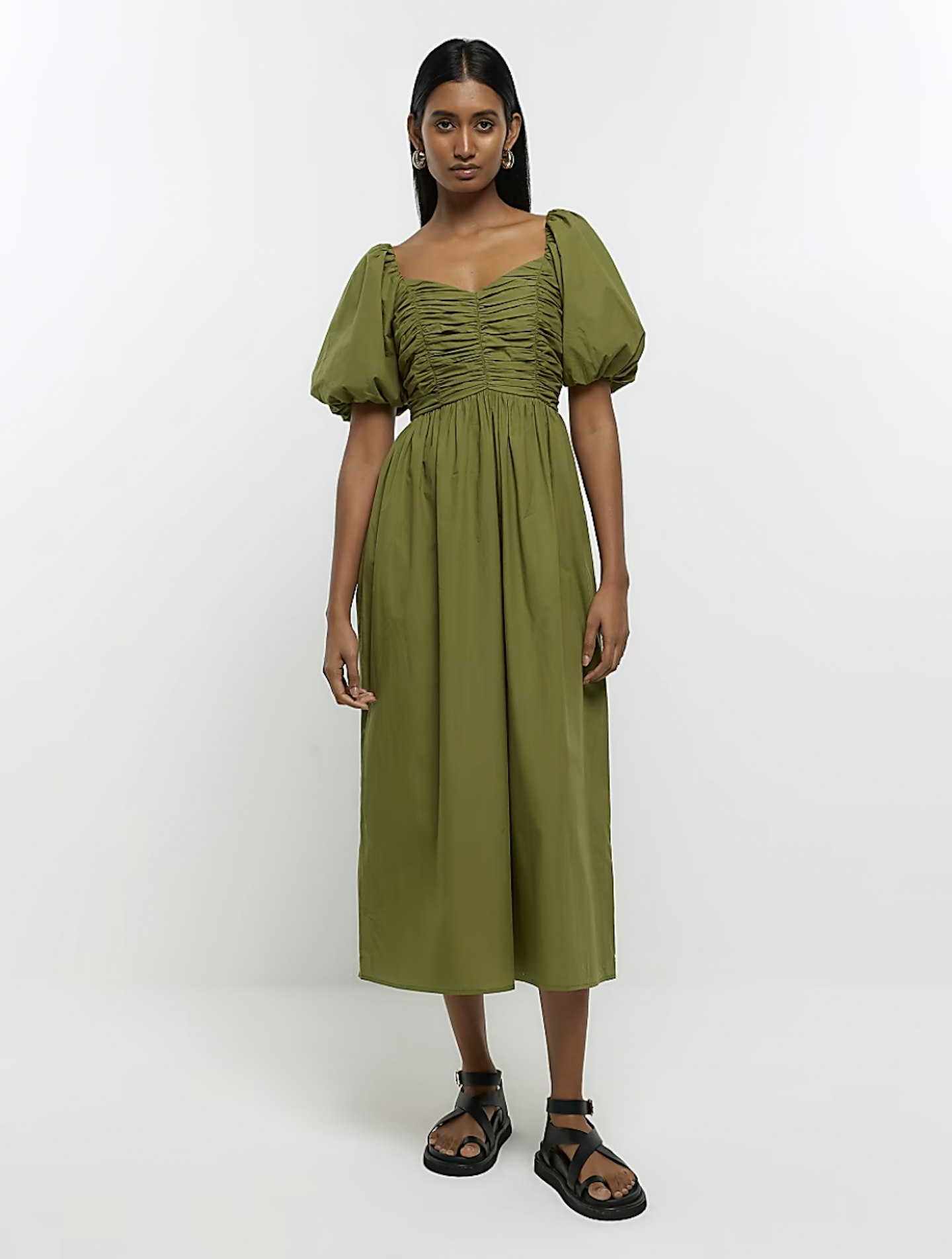 River Island Khaki Ruched Puff Sleeve Smock Midi Dress