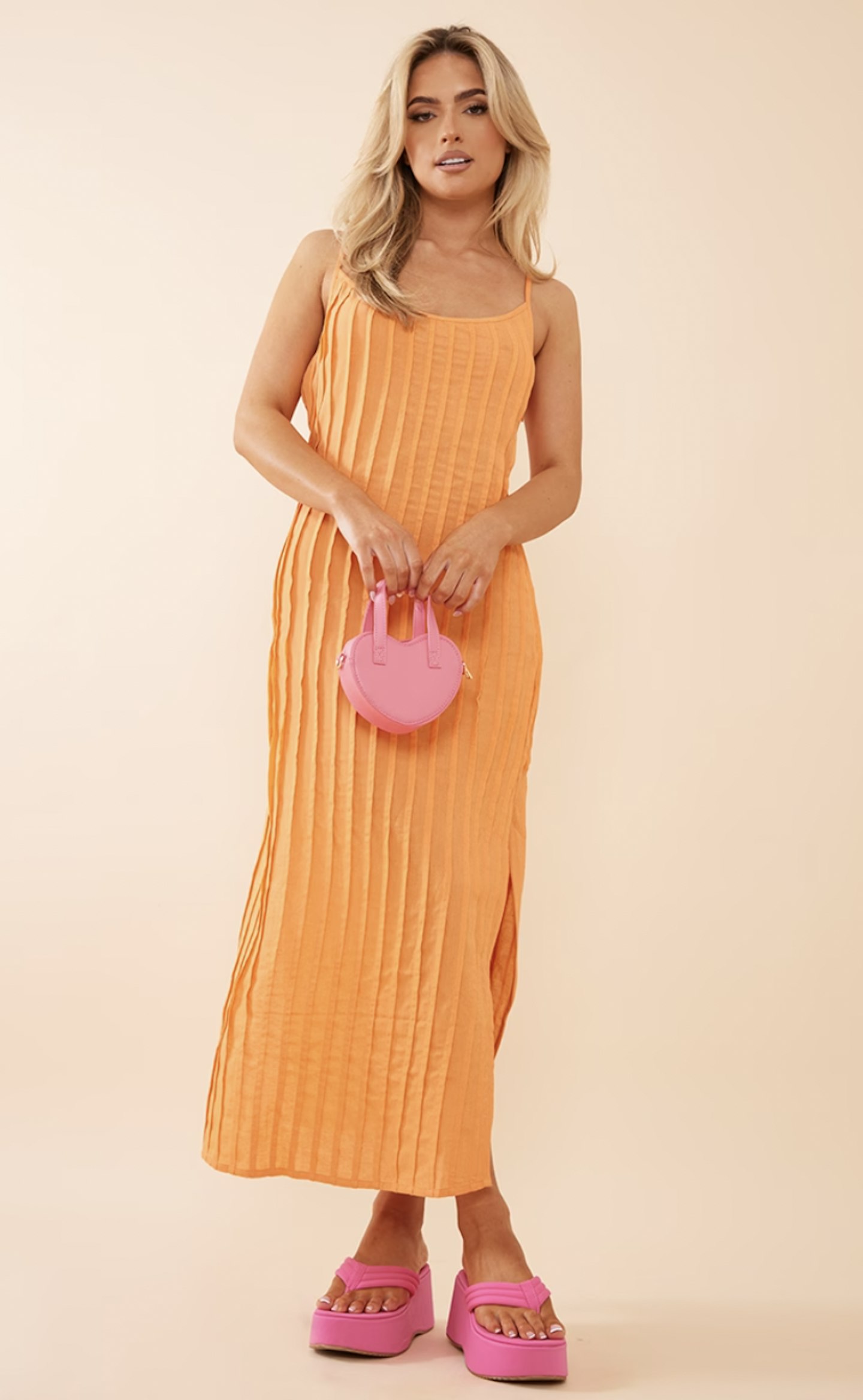 PrettyLittleThing Orange Linen Look Pleat Detail Split Side Midaxi Dress