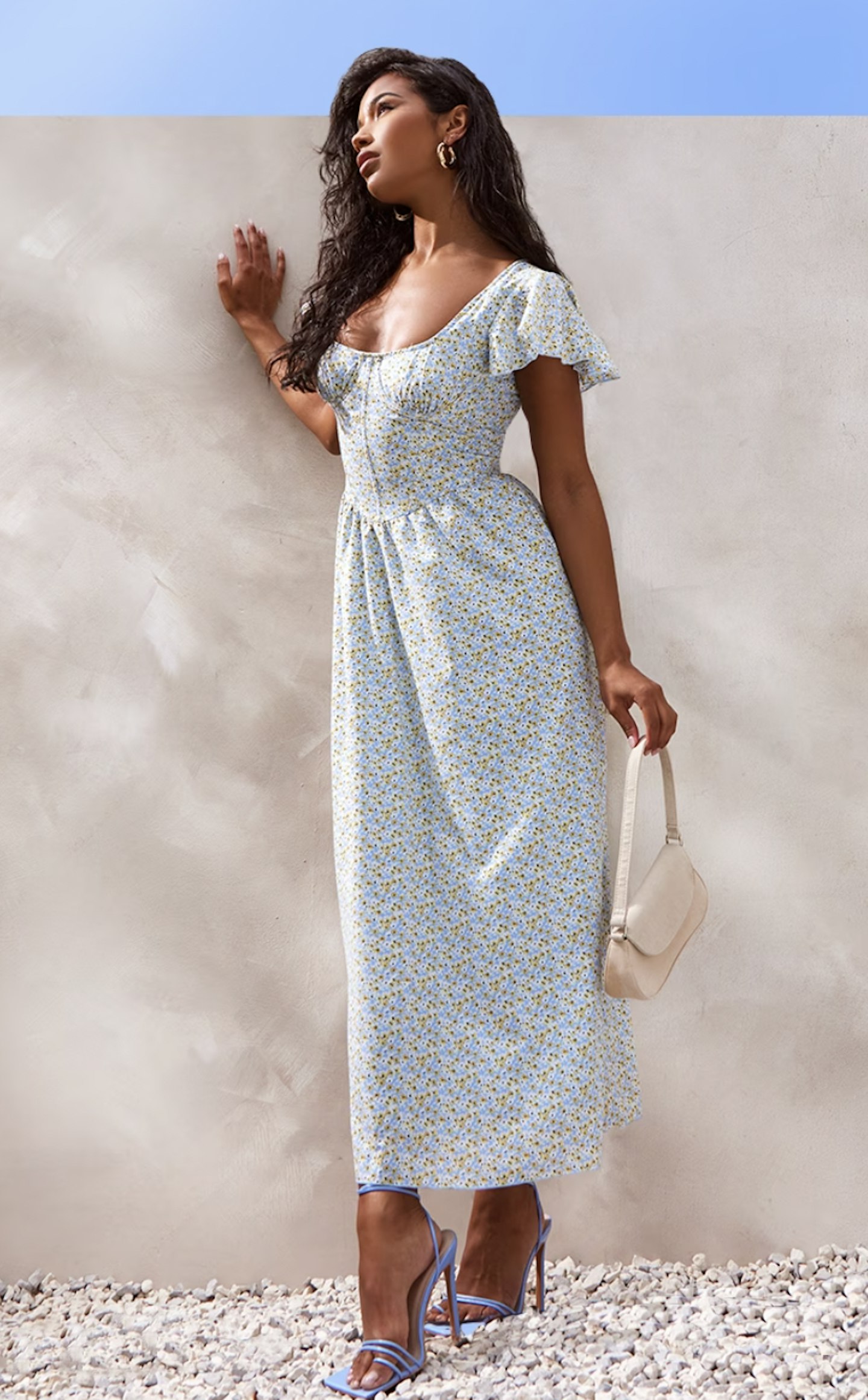  Blue Floral Corset Detail Midaxi Dress