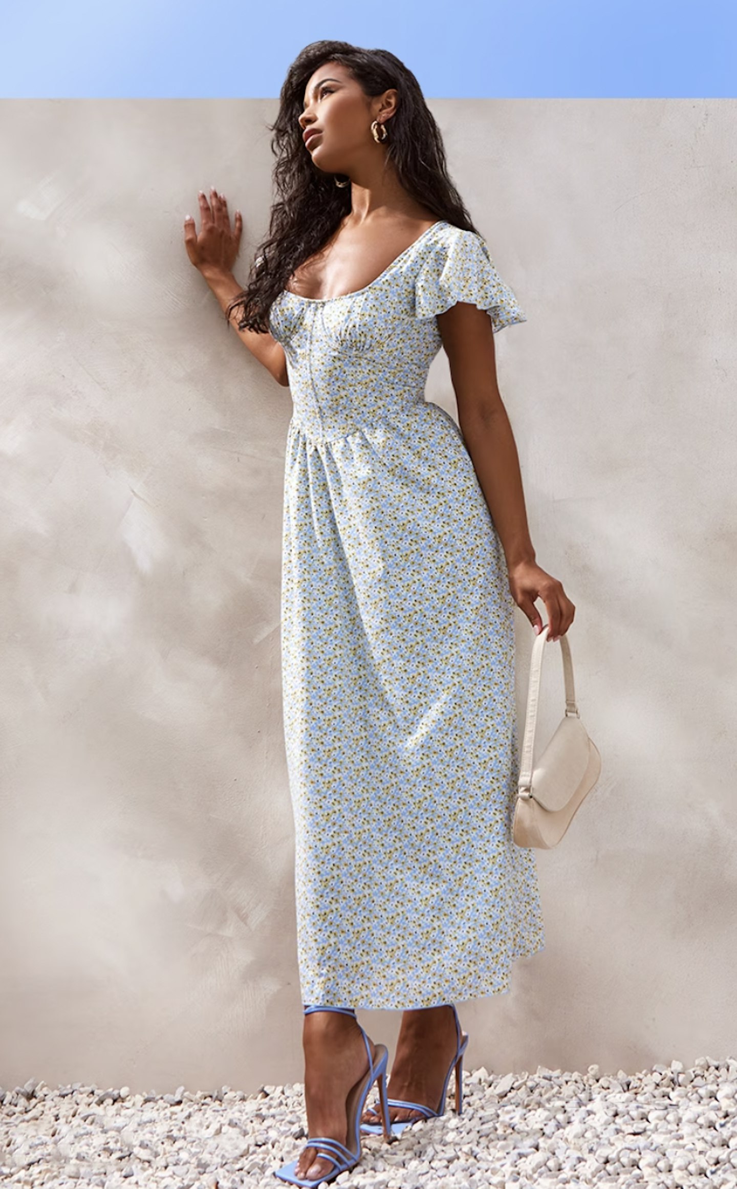 Blue Floral Corset Detail Midaxi Dress