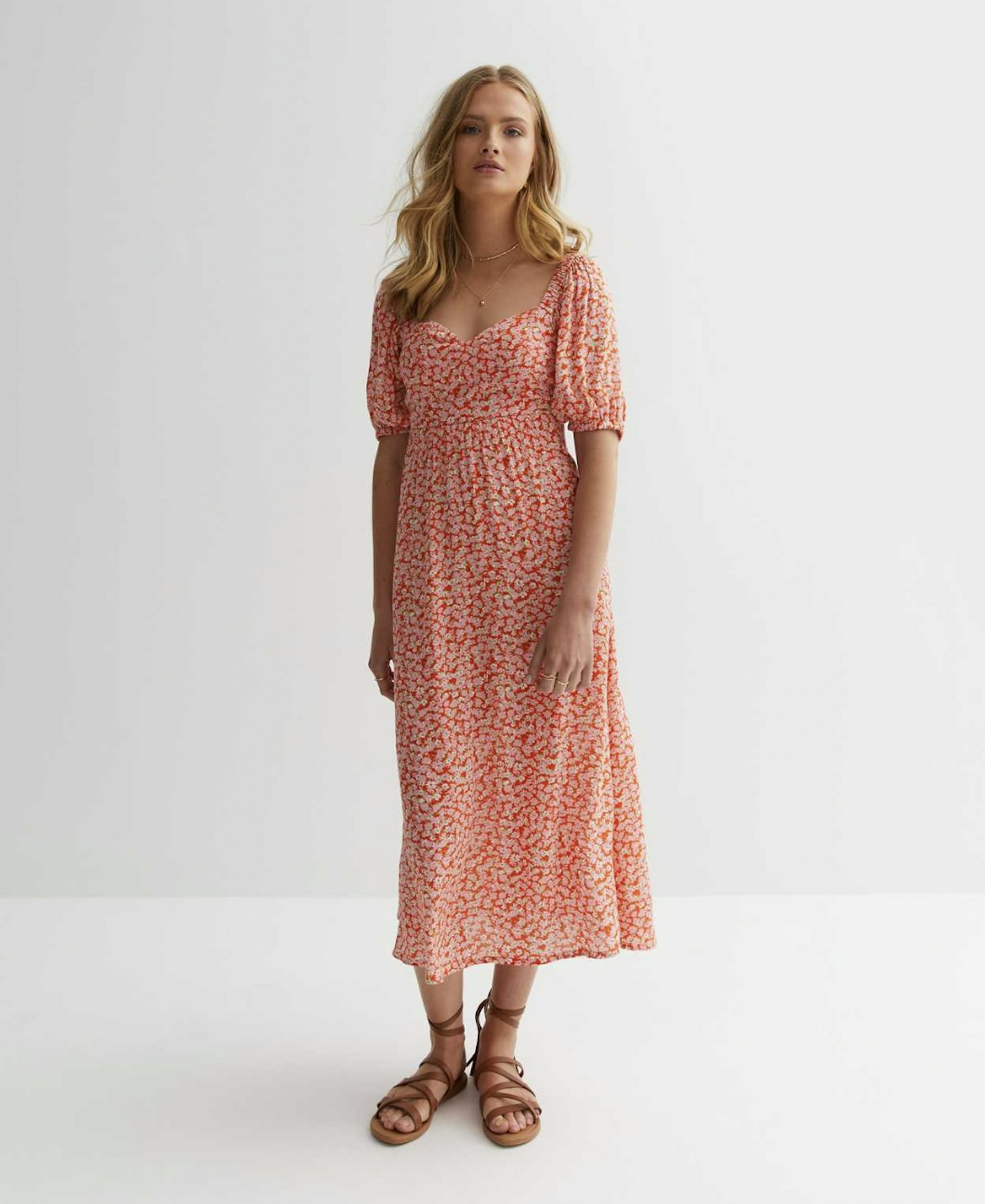 Pink Ditsy Floral Tie Back Midi Dress