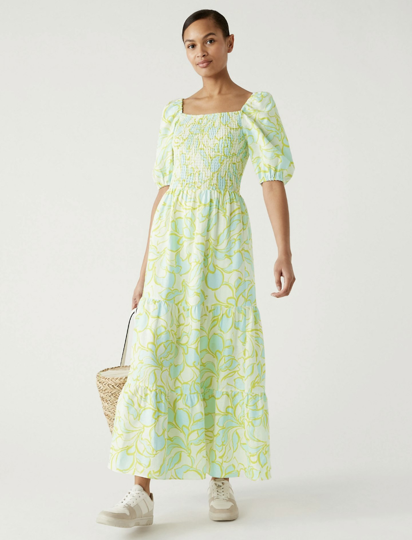 Linen Rich Floral Square Neck Midi Dress