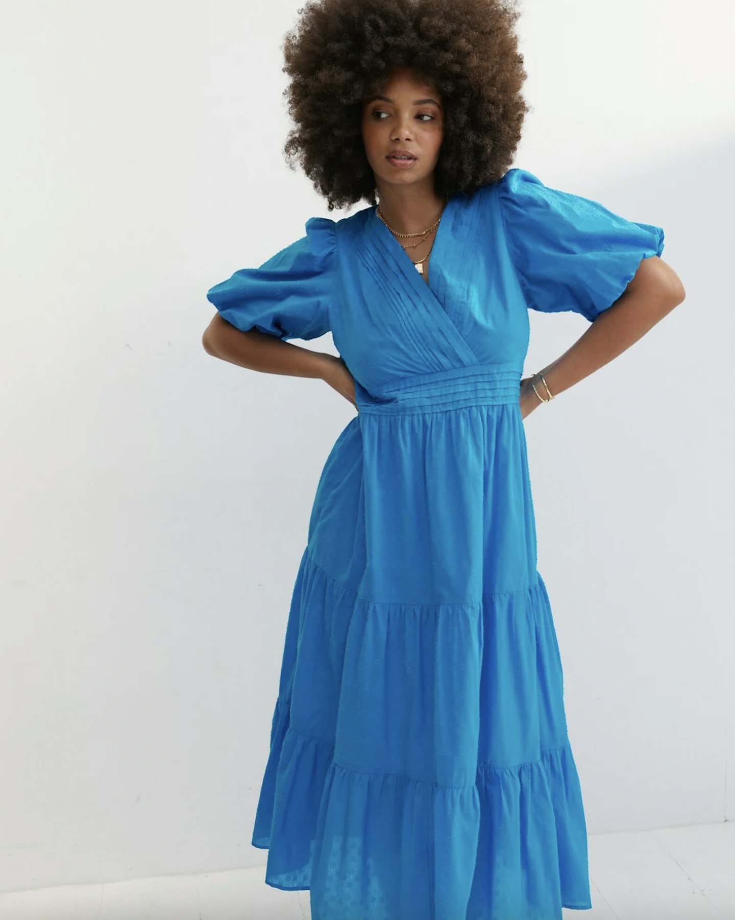 Tiered V Neck Blue Midi Dress
