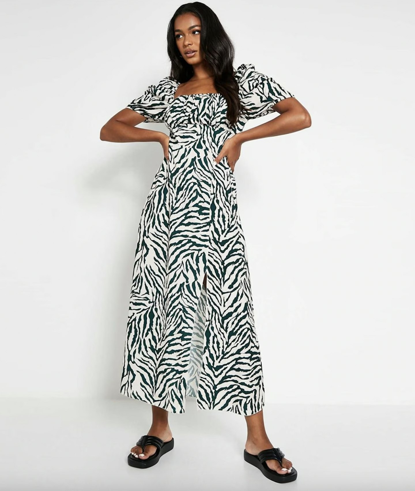 Zebra Print Square Neck Short Puff Sleeve Midi Dress