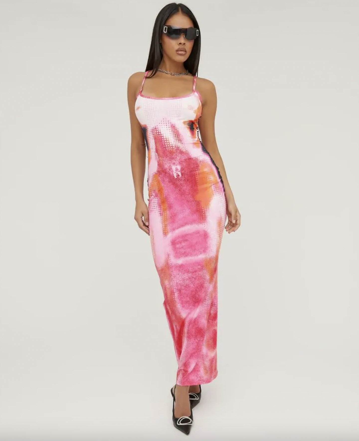 Thin Strap Scoop Neck Body Print Maxi Dress In Multi Pink Slinky