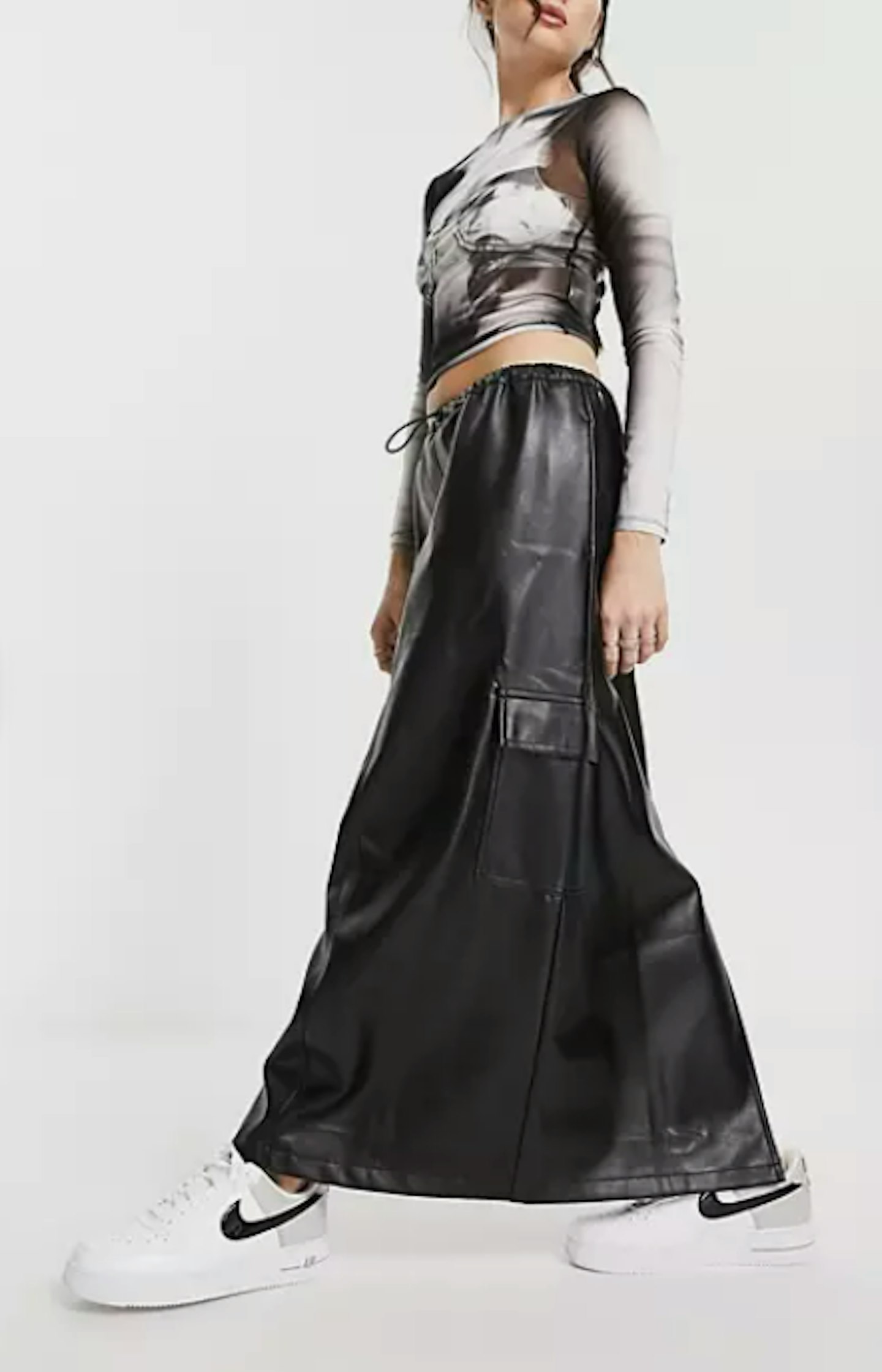 Collusion Faux Leather Maxi Utility Cargo Skirt 