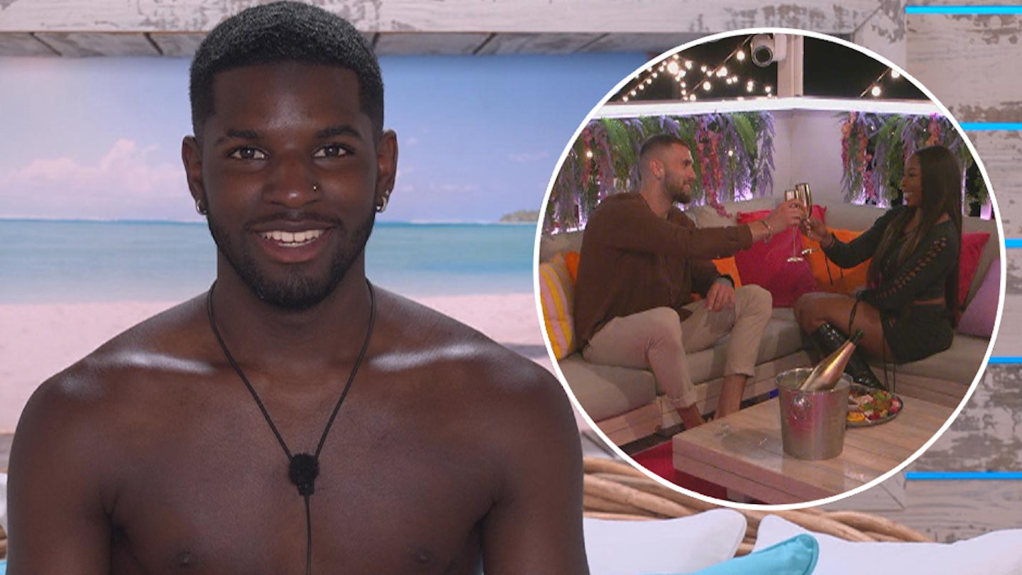 Love Island's Andre Furtado in the Beach Hut with a cutout of Zach and Catherine cheersing gold champagne flutes on the terrace