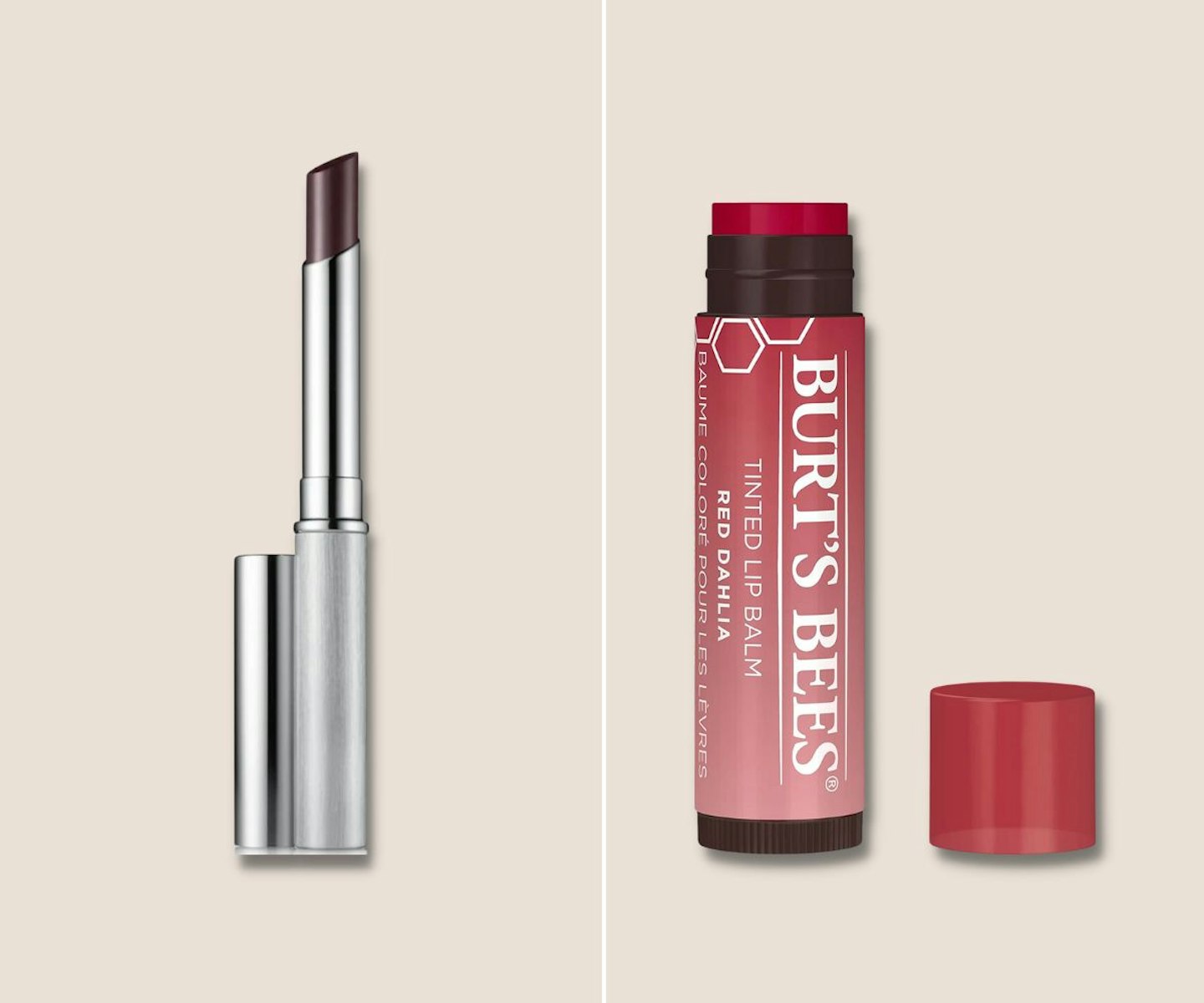 Clinique Almost Lipstick Black Honey vs Burt's Bees Tinted Lip Balm Red Dahlia