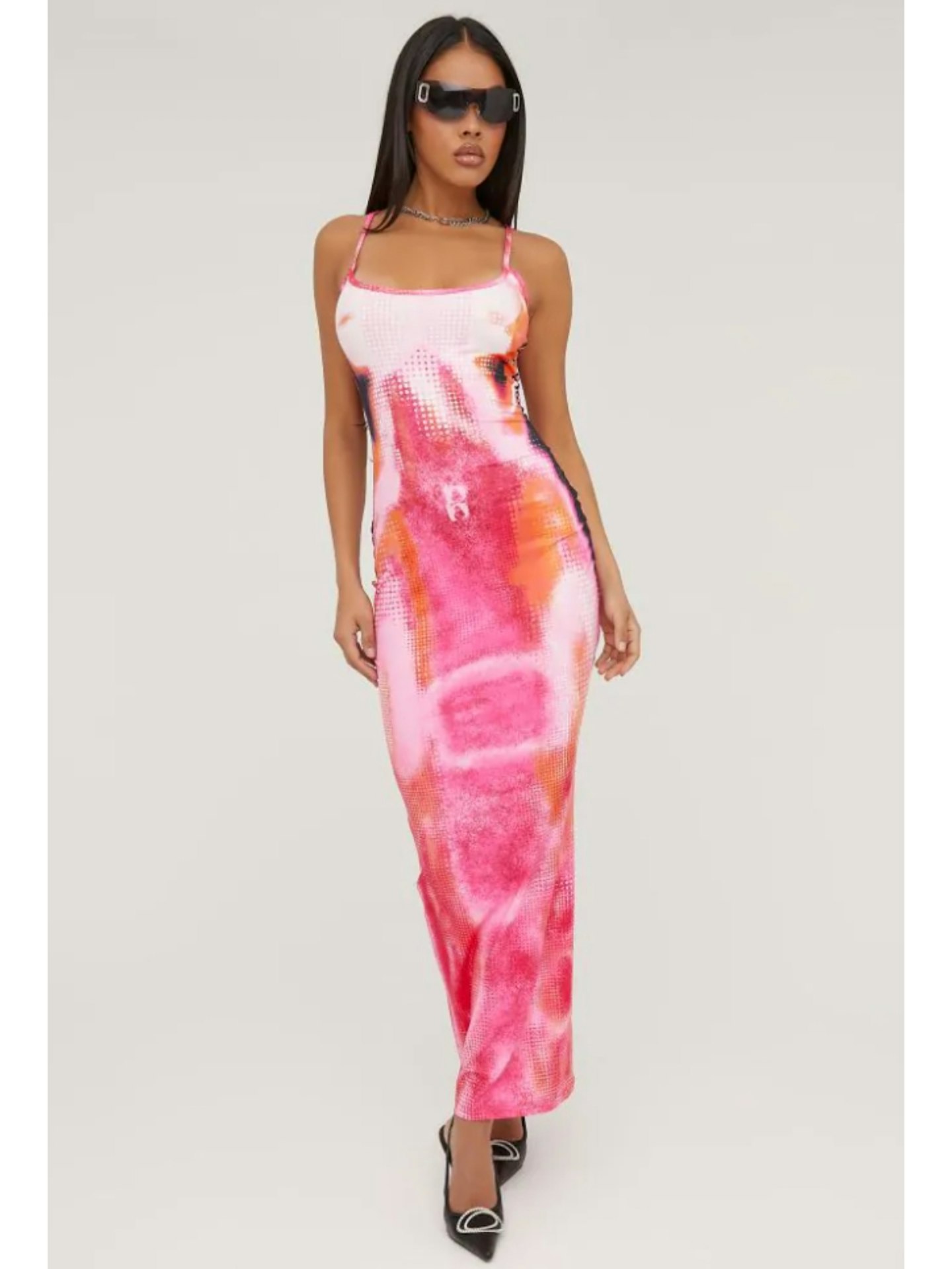 Thin Strap Scoop Neck Body Print Maxi Dress in Multi Pink Slinky
