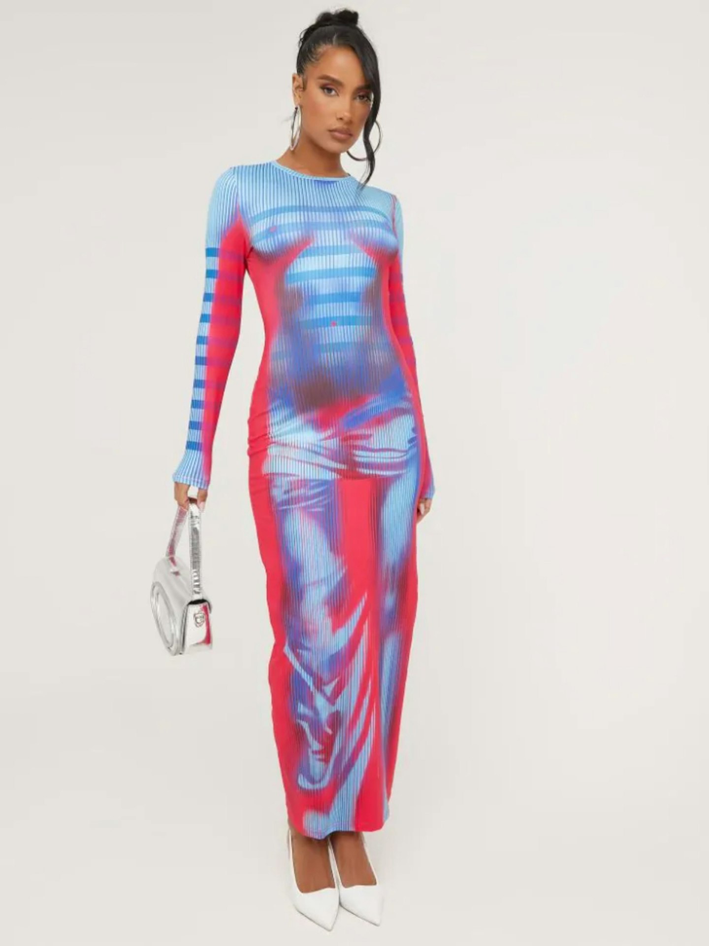 Long Sleeve Body Print Maxi Dress in Pink Multi