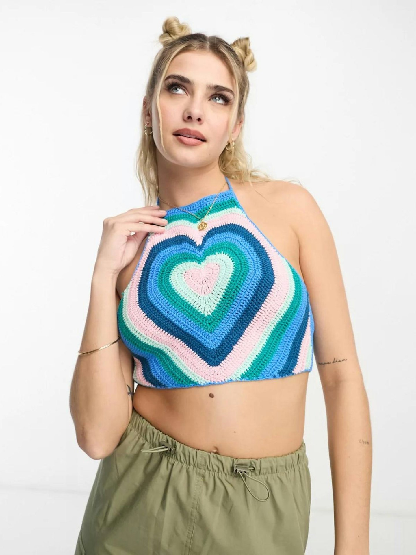 ASOS Design Crochet Heart Crop Top in Blue