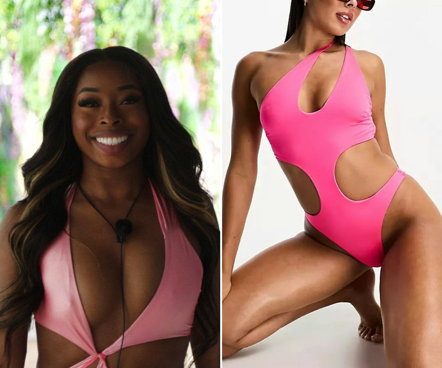 Catherine Agbaje's pink one shoulder swimsuit