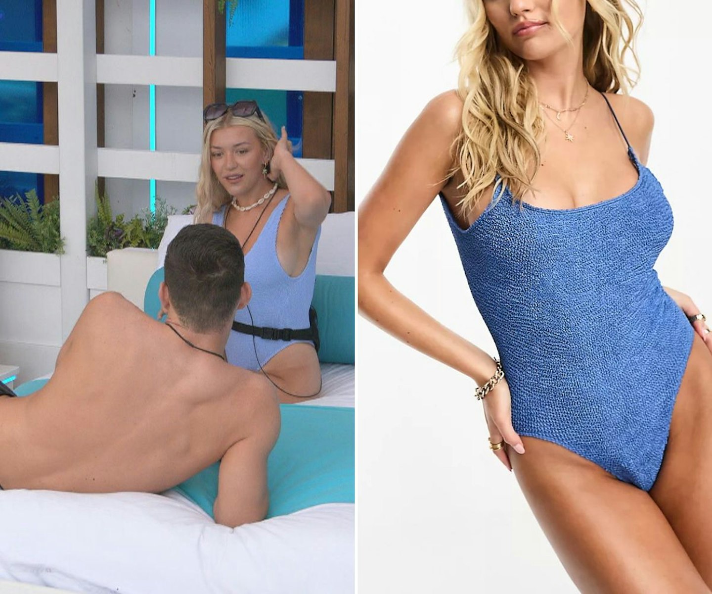 Molly's blue ribbed swimsuit