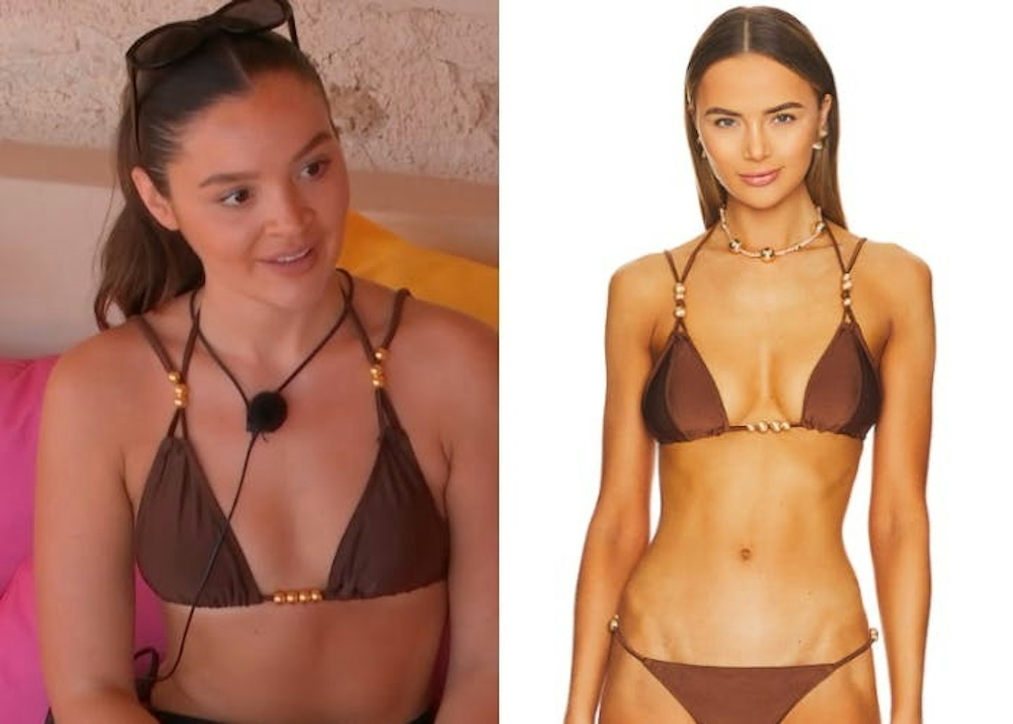 Emily's brown bikini with gold beads