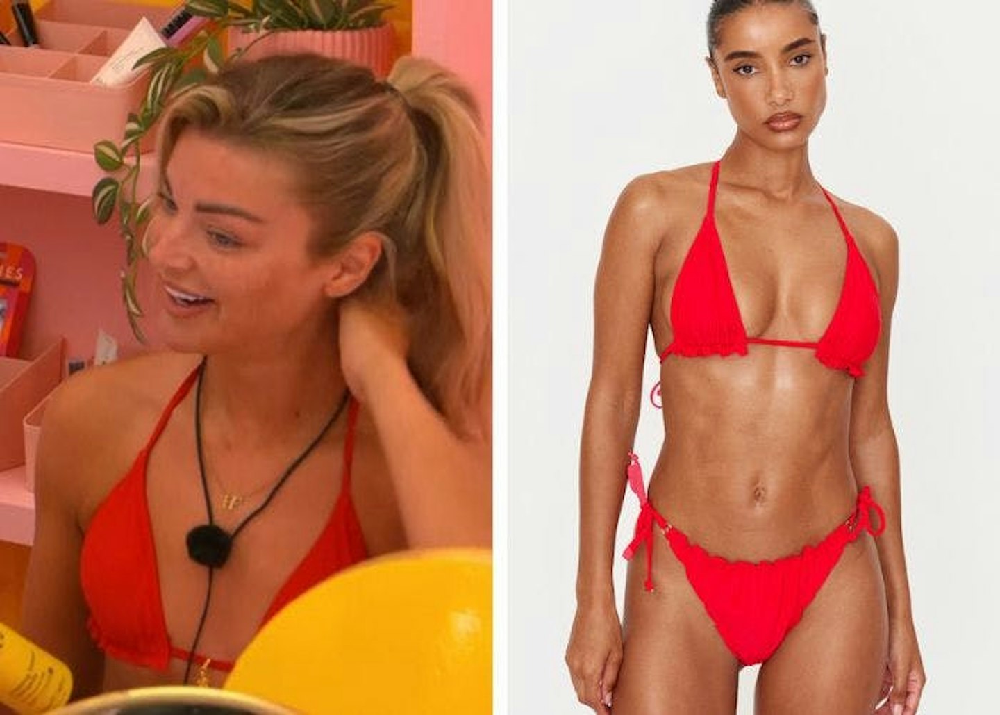 Helena's red ruched bikini