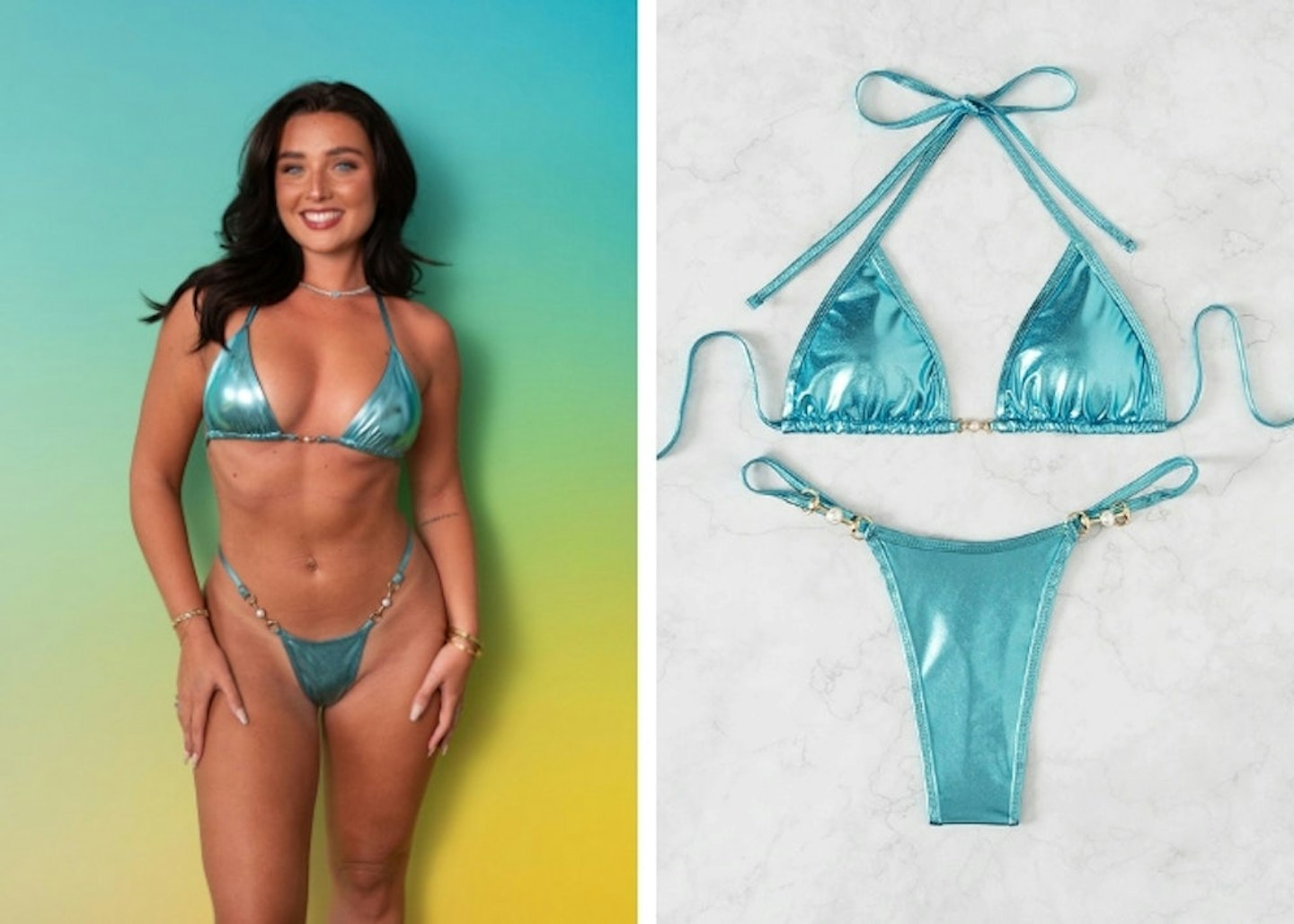 Rheo's metallic blue bikini