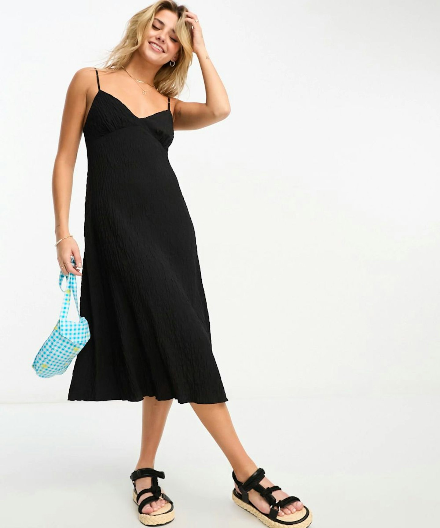 stradivarius black midi dress