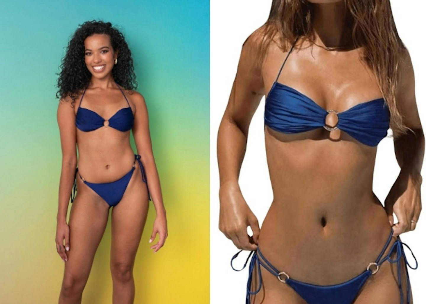 Yaz's blue ruched ring bikini