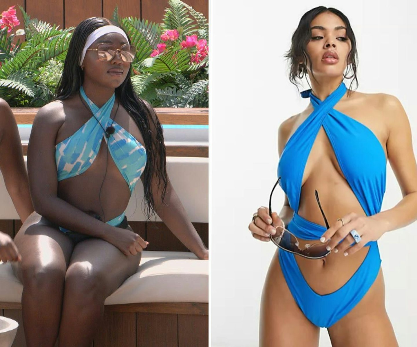 Whitney's blue swimsuit
