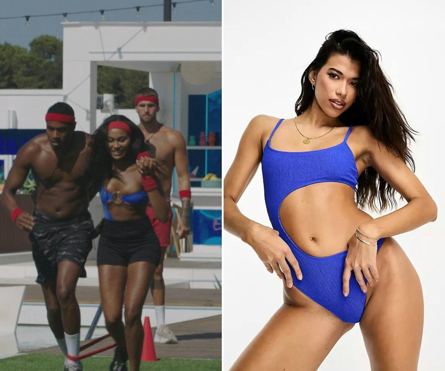 Ella's blue one shoulder swimsuit