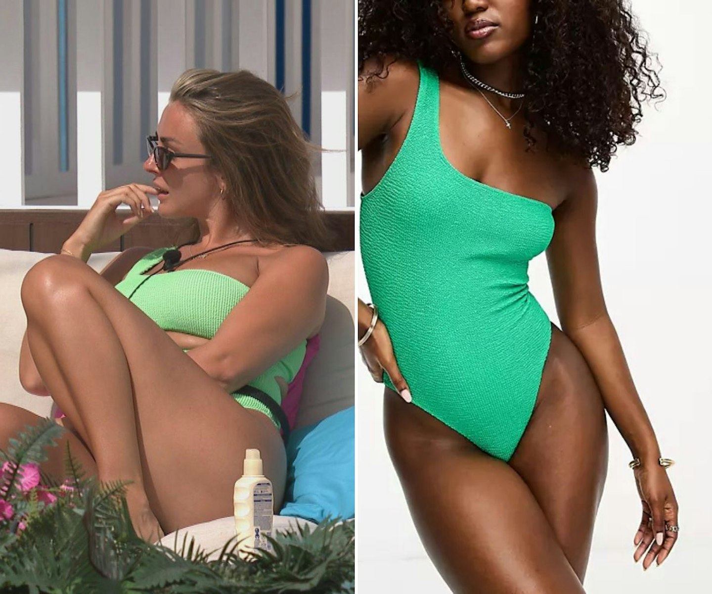 Kady's green one shoulder swimsuit