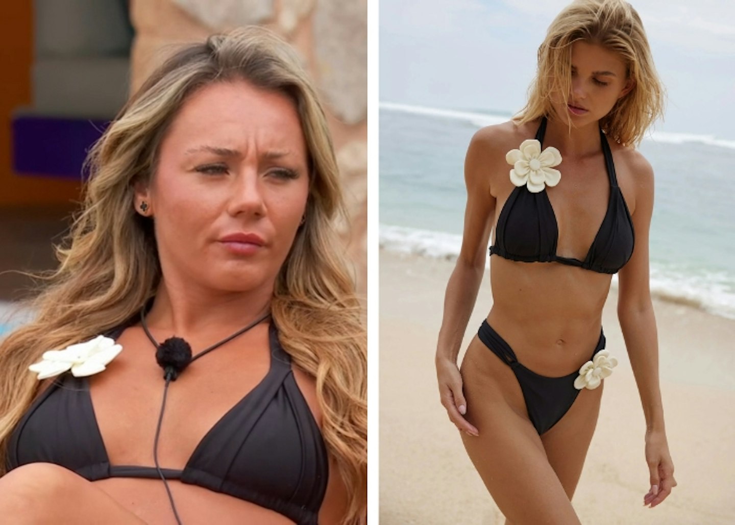 Meg's black bikini with white floral applique detail