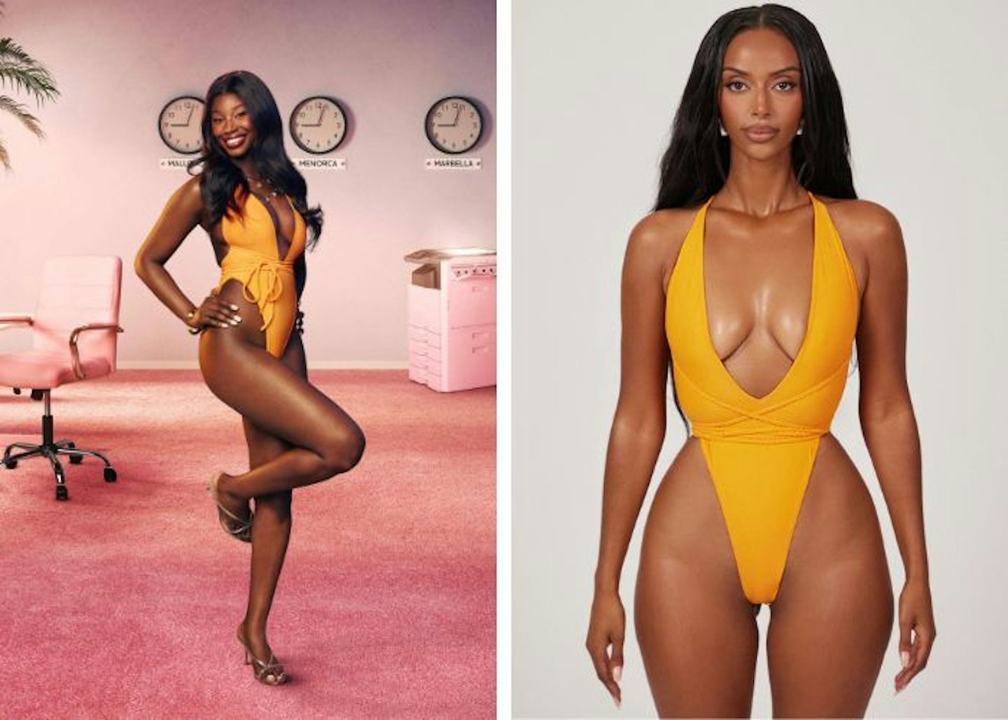 Alima's orange wrap swimsuit