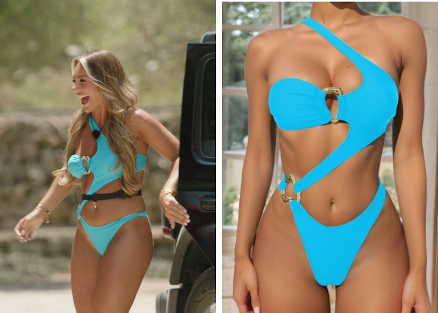 Meg's blue cut-out one-piece