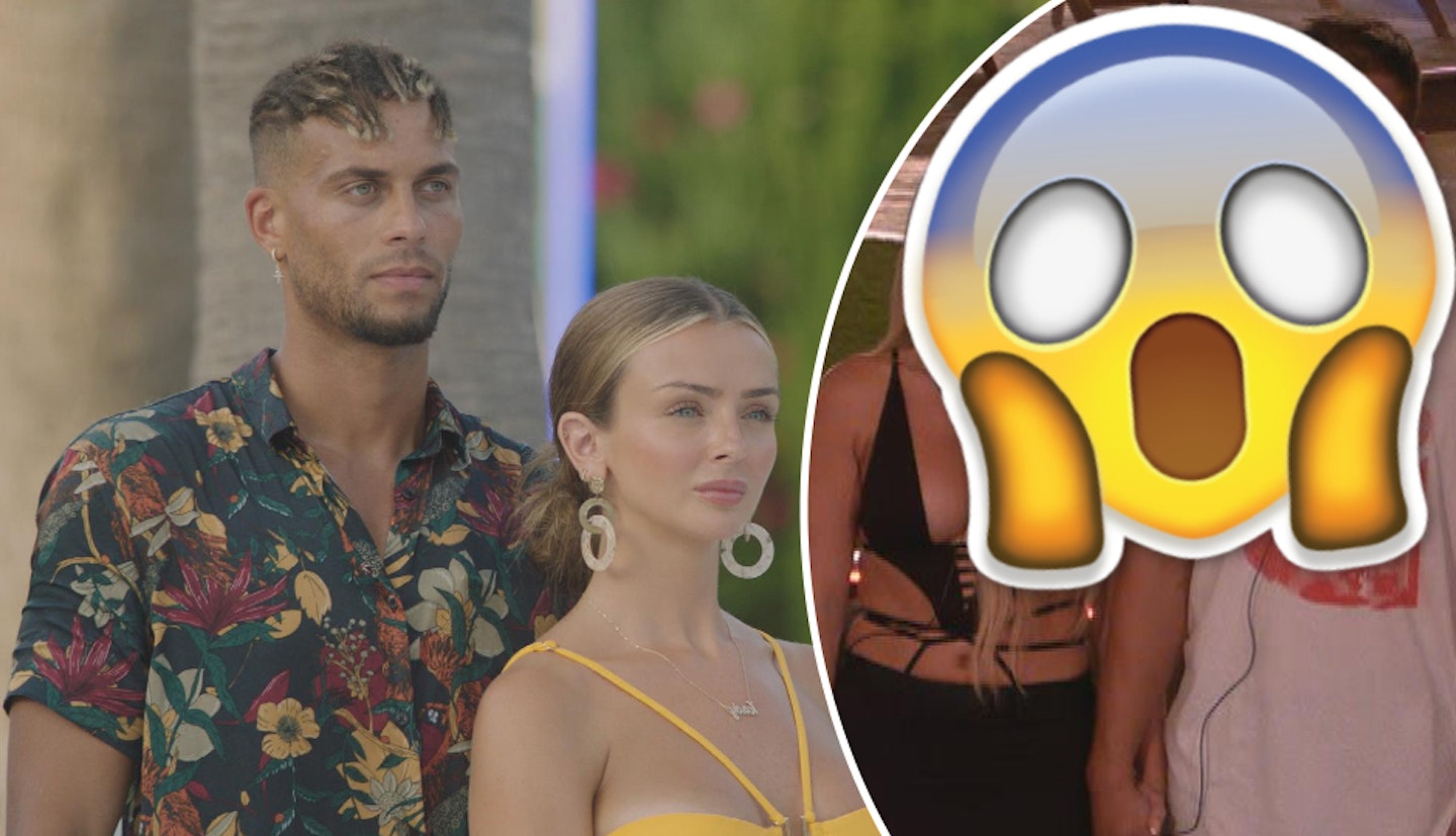 Love Island's Ouzy See and Kady McDermott looking at Ella Barnes and Mitch Taylor who are covered by a shocked emoji