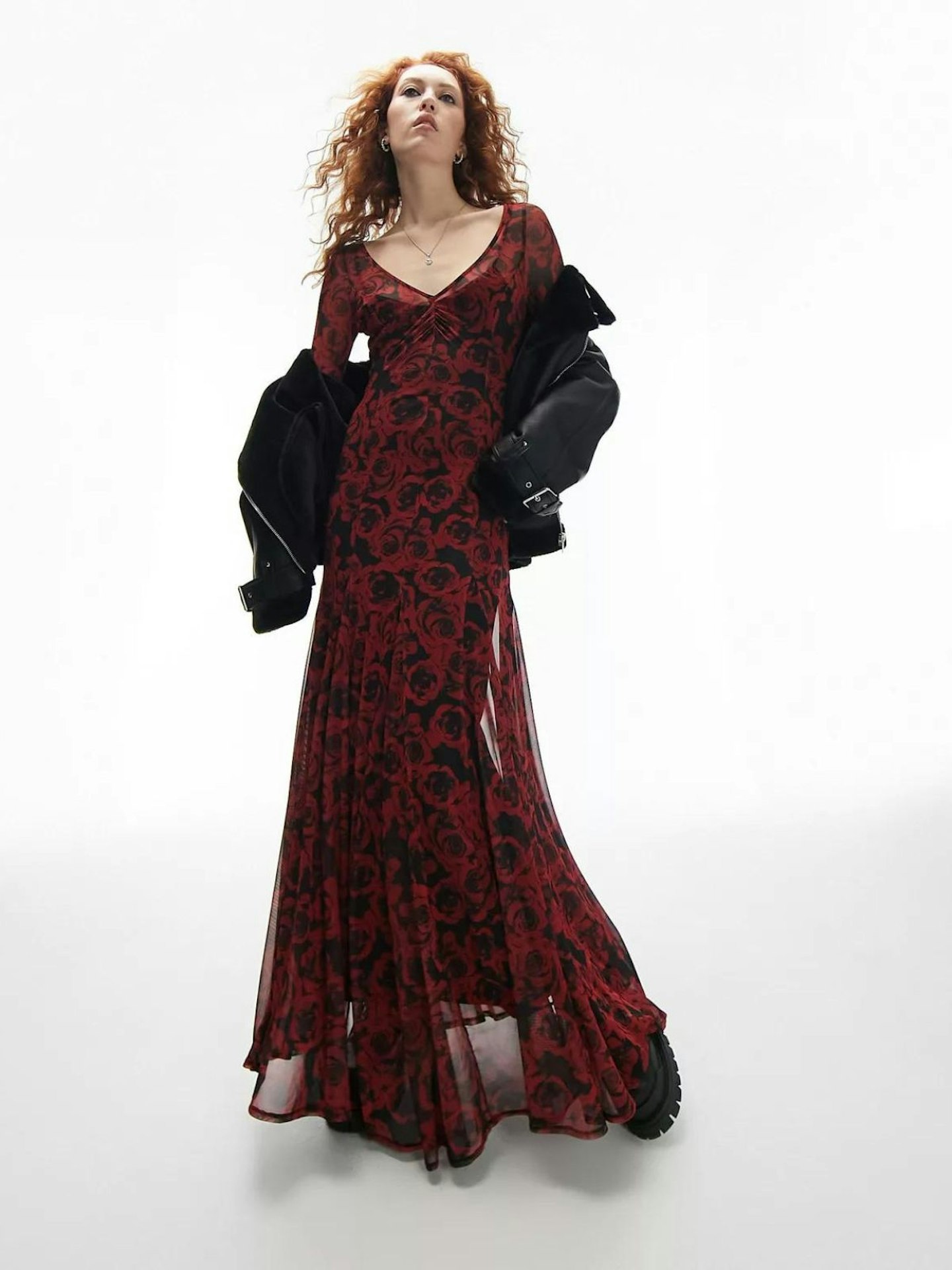 Topshop Long Sleeve Maxi Dress in Rose Print