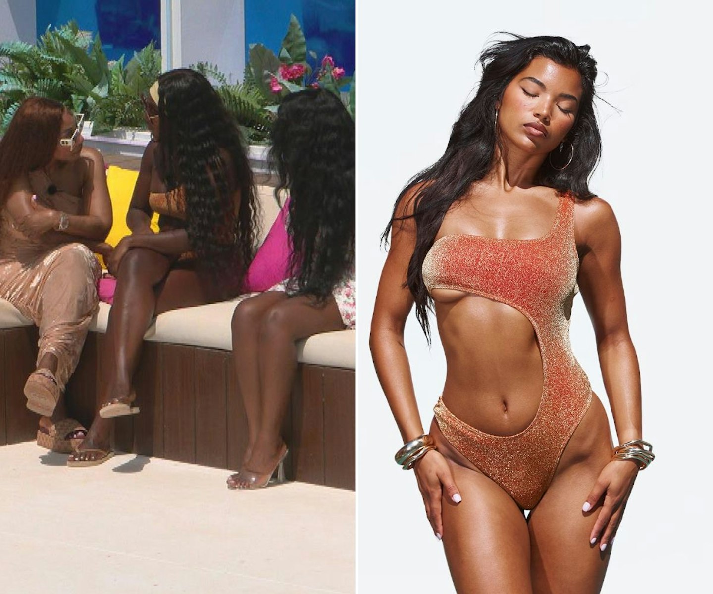 Whitney's orange one shoulder swimsuit