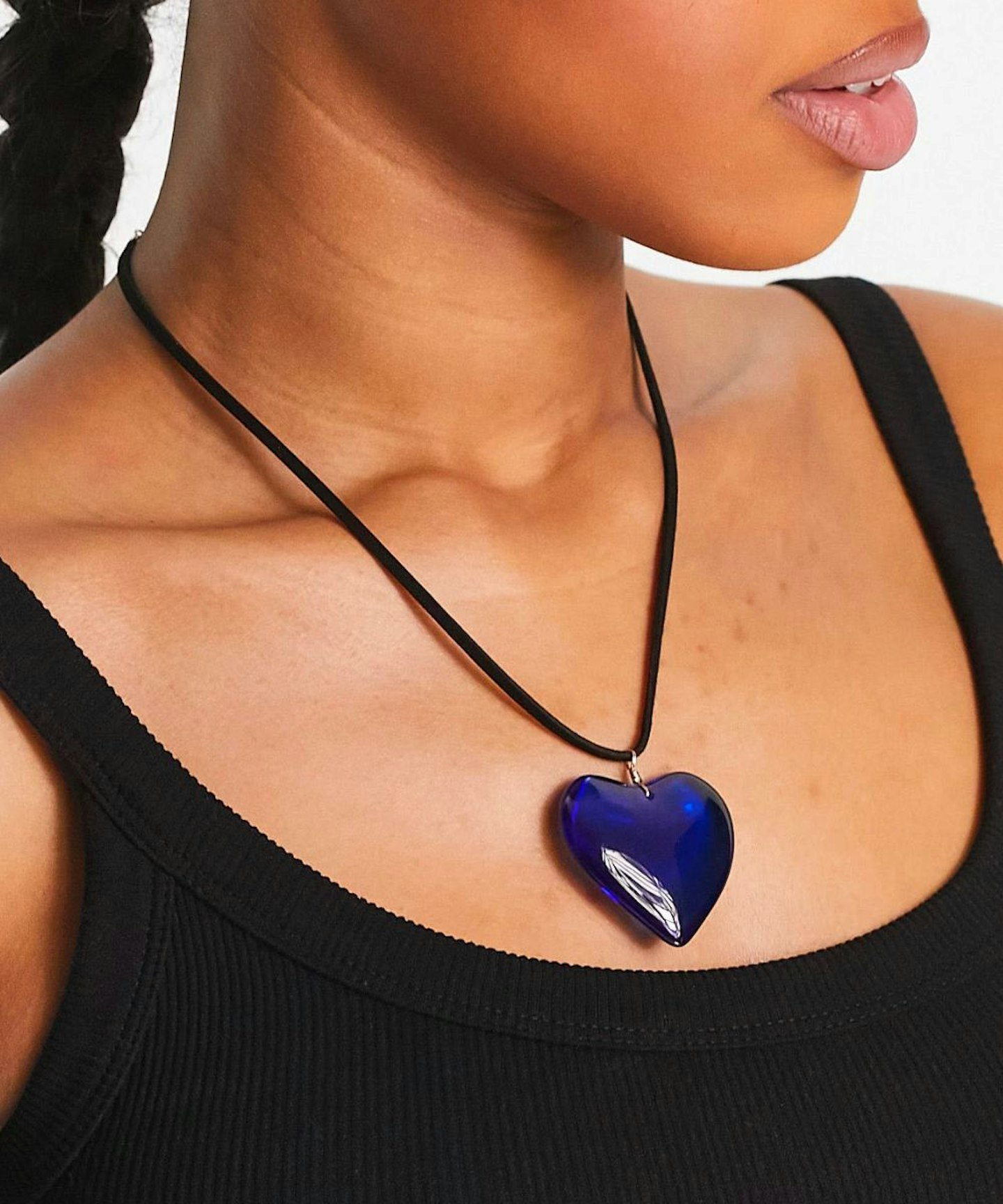 ASOS DESIGN mid length cord necklace with blue puff heart